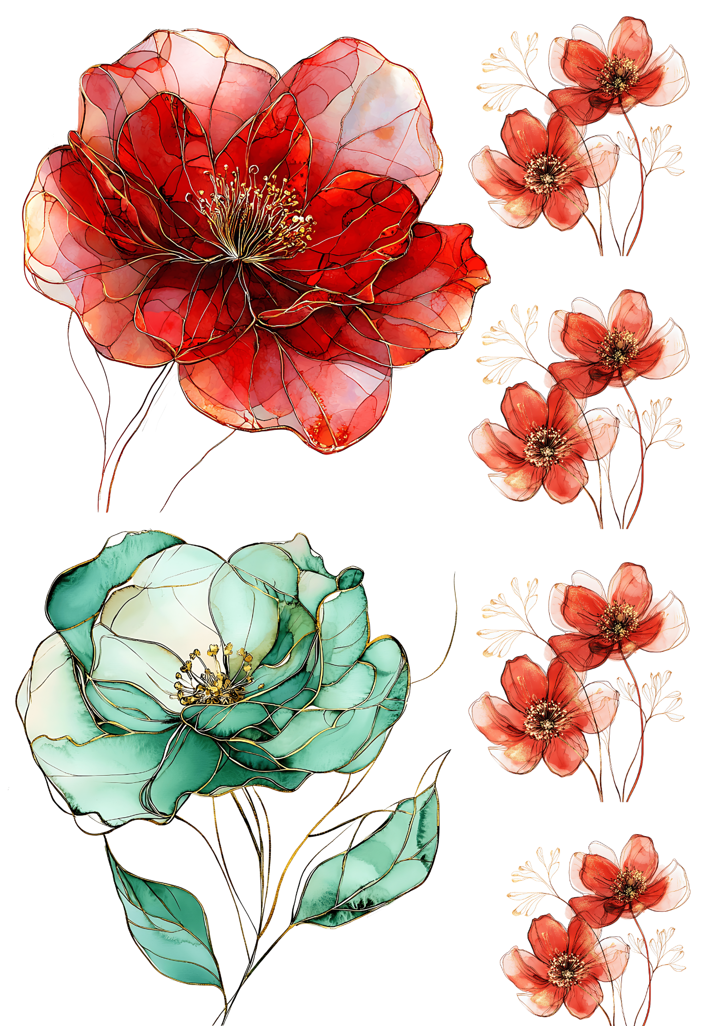 Reispapier für Decoupage, Rubinrot und Jade, Blumen-Duo-Collage, Kat. Nr. 4201