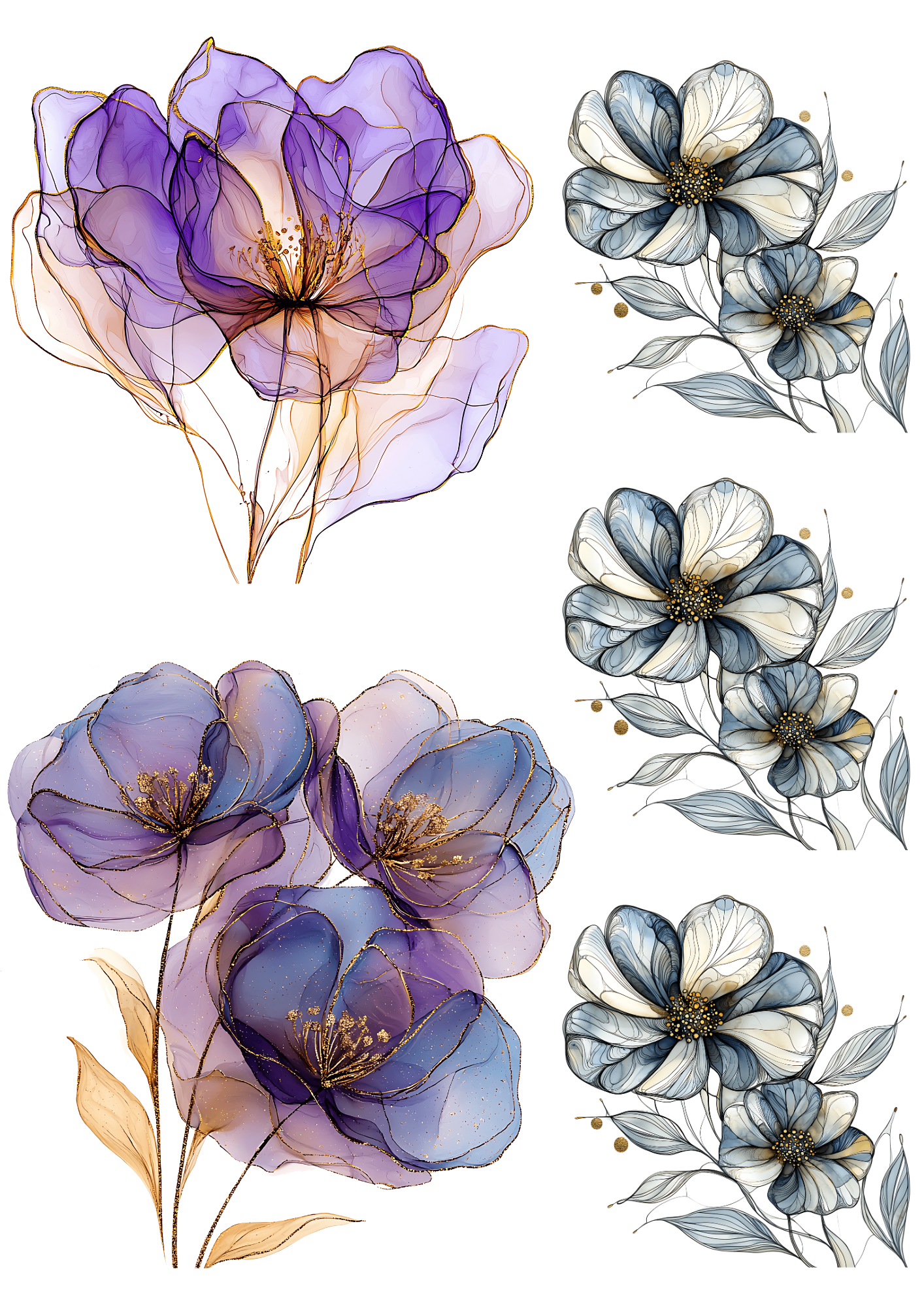 Rice Paper For Decoupage Ruby Blue and Jade Floral Duo Collage Cat No. 4202
