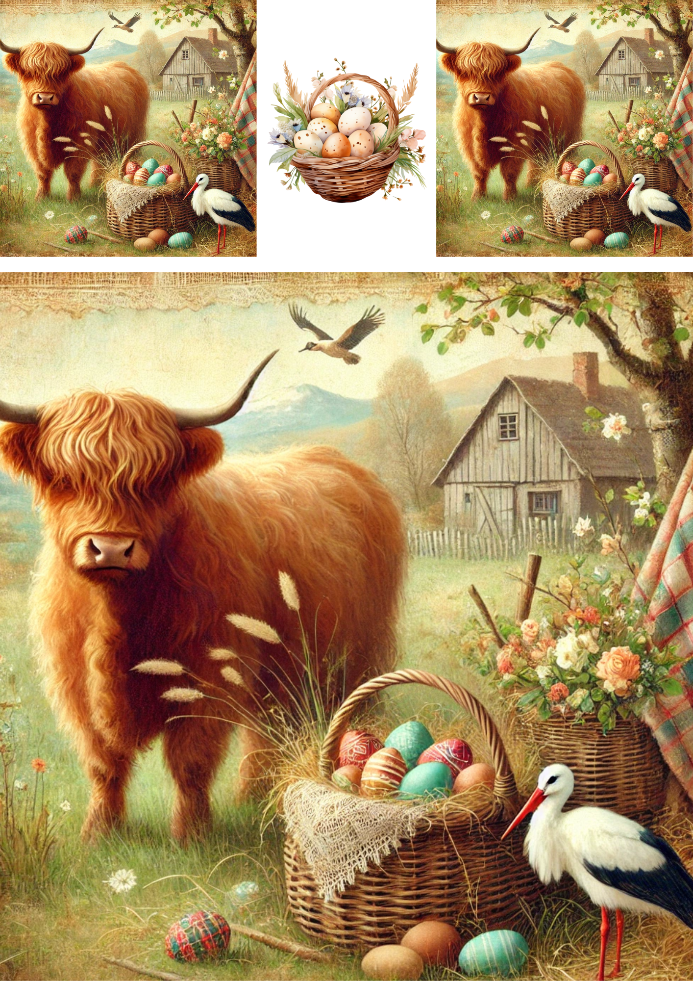 Rice Paper For Decoupage Highland Cow With Basket Of Easter Eggs Schabby Chic 3 Collage Cat. No. 4269