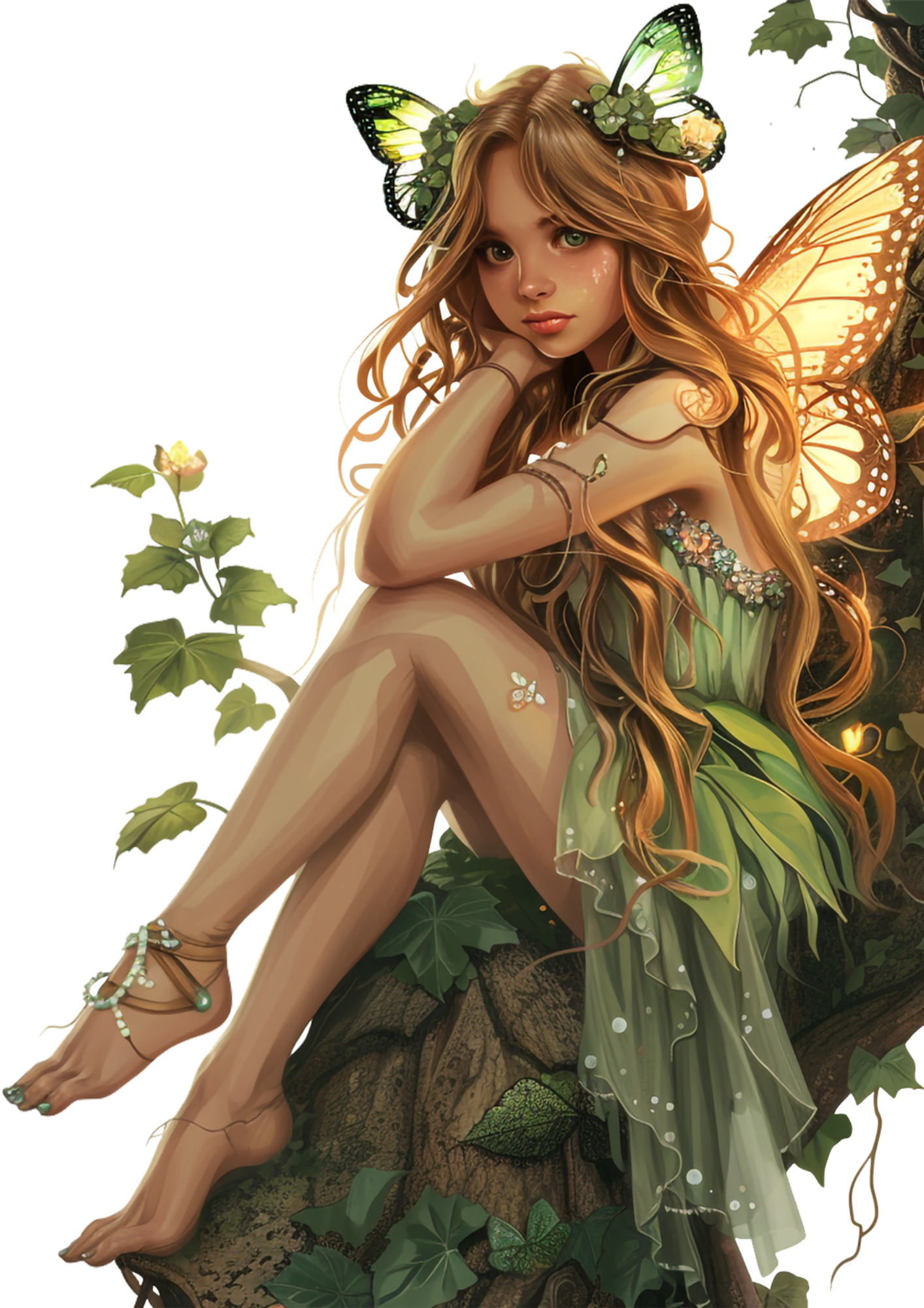 Rice Paper For Decoupage Forest Fairy Sitting on Tree Full Cat. No. 4332