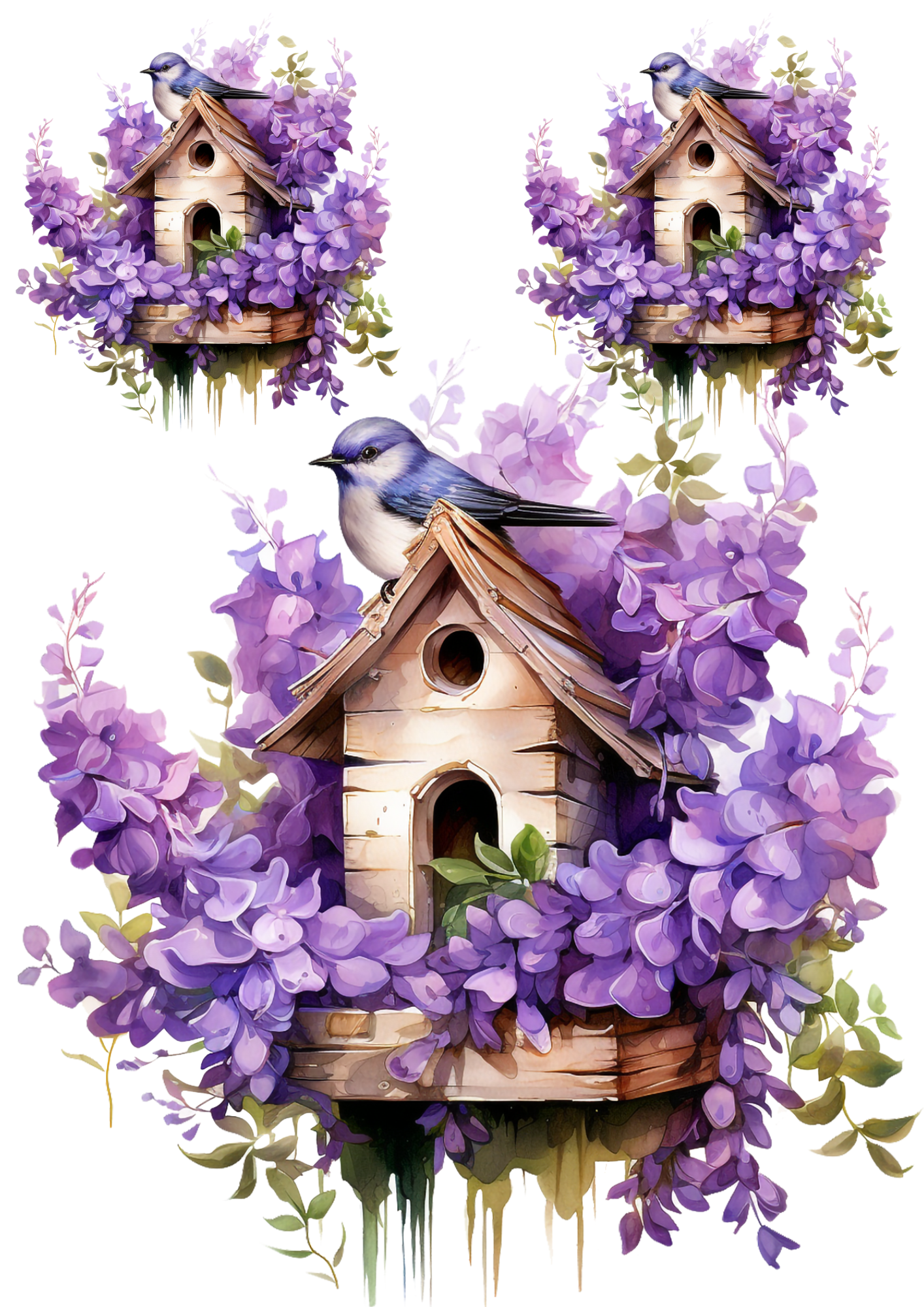 Rice Paper For Decoupage Bird Sitting On A Feeder Among Purple Flowers Collage Cat. No. 4345