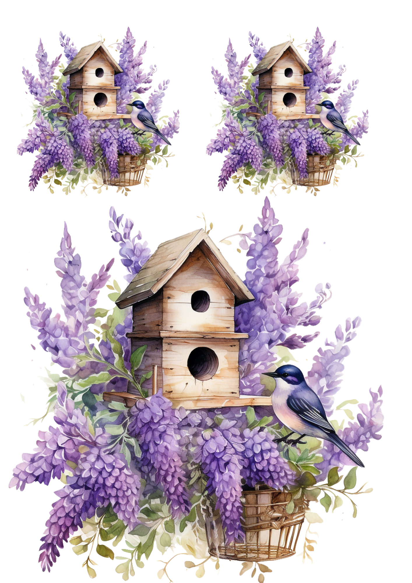 Rice Paper For Decoupage Bird Sitting On A Feeder Among Purple Flowers 2 Collage Cat. No. 4346