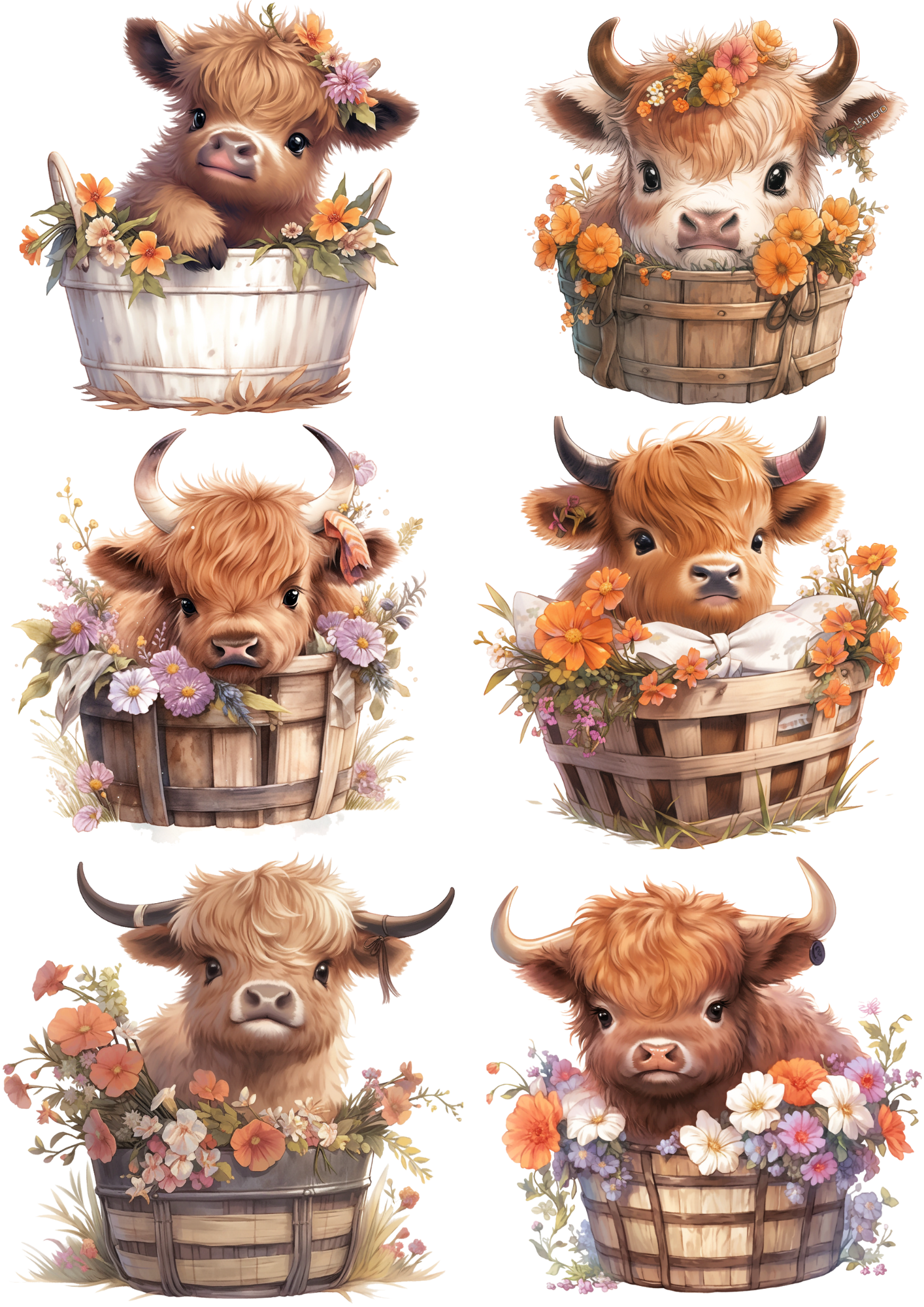 Rice Paper For Decoupage Baby Highland Cow Nesteled In Flower Basket Collage Cat. No. 4360