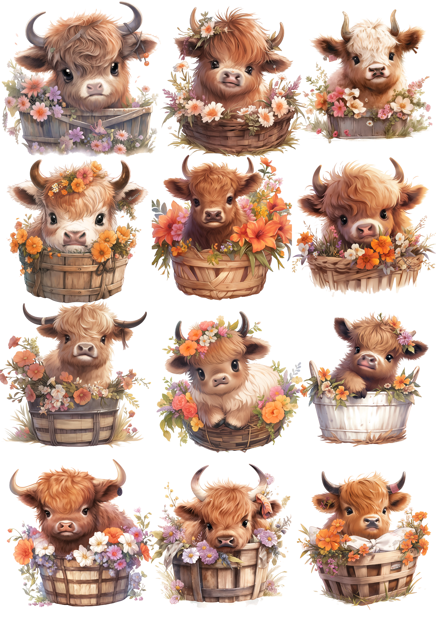 Reispapier für Decoupage, Baby Highland Cow Nesteled In Flower Basket 2 Collage, Kat. Nr. 4361