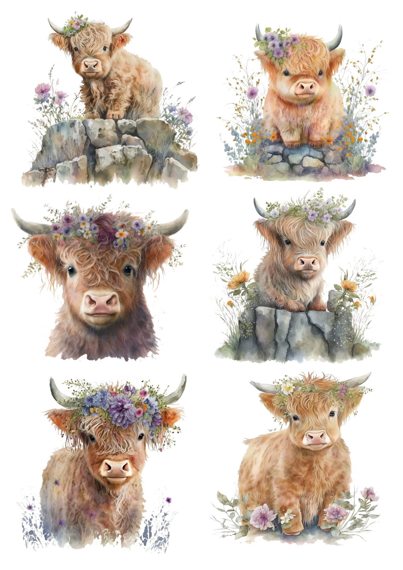 Rice Paper For Decoupage Baby Highland Cow In Flower Wreath Collage Cat. No. 4362