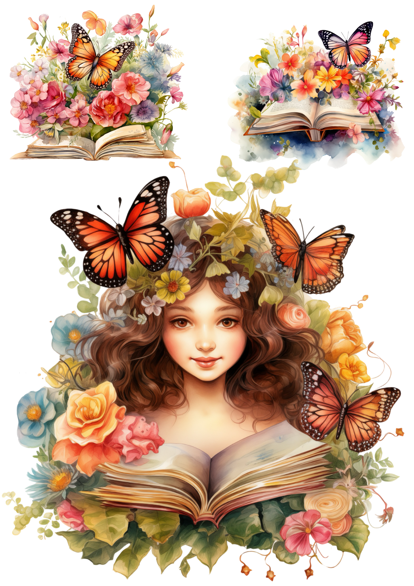 Rice Paper For Decoupage Butterfly Over Flowers And Book Collage Cat. No. 4393