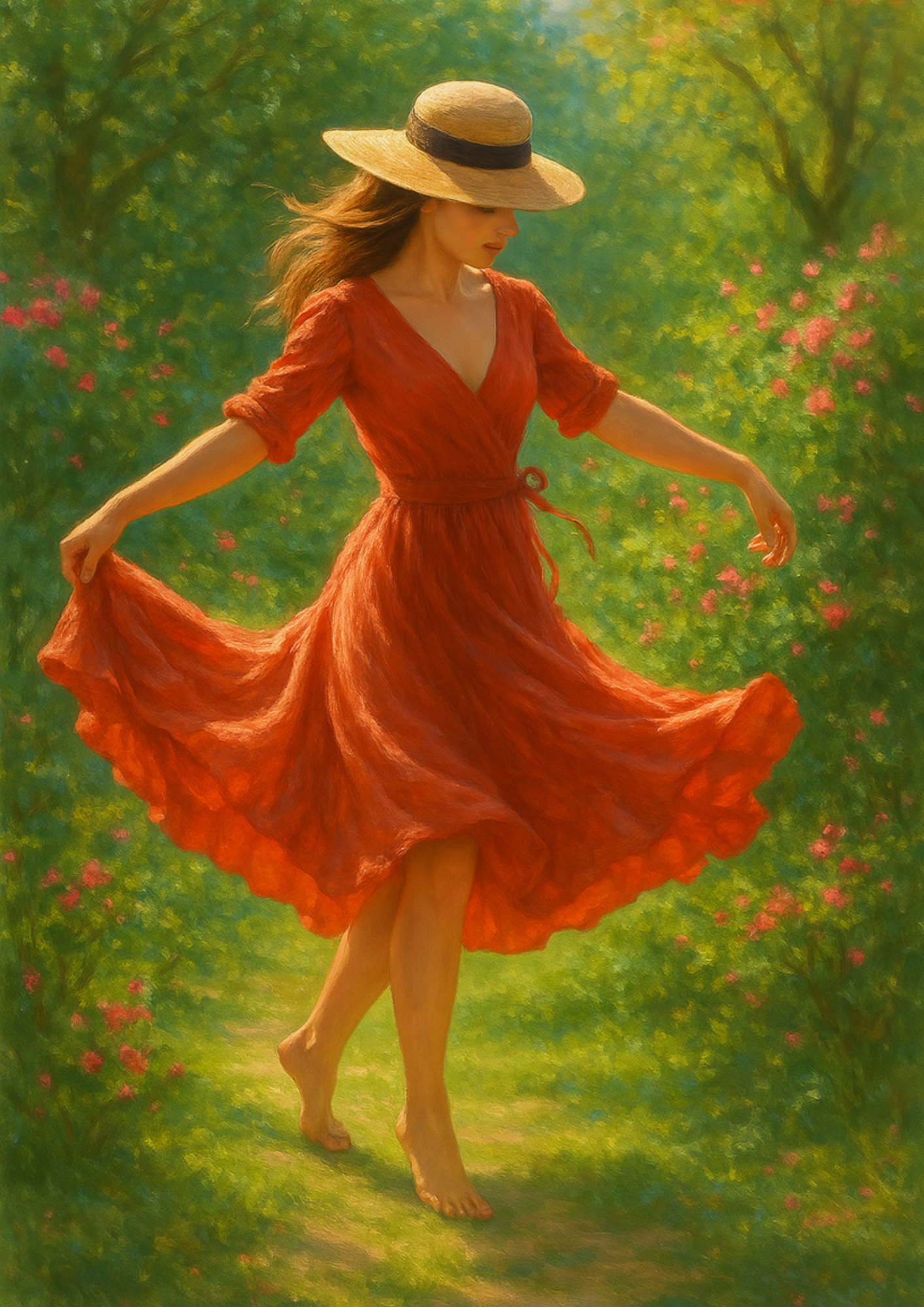 Rice Paper For Decoupage Woman In Red Dress Dancing Barefoot On Grass Full Cat. No. 4430