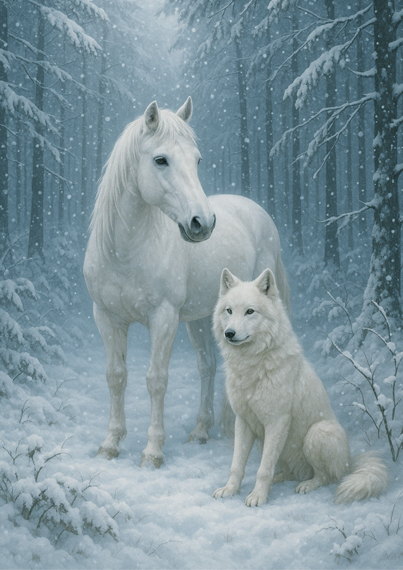 Rice Paper For Decoupage White Horse And Wolf In Winter Forest Full Cat. No. 4451