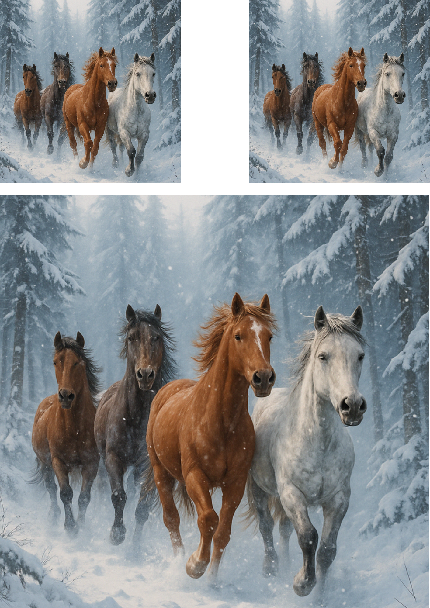 Rice Paper For Decoupage Running Horses In Winter Forest Collage Cat. No. 4452