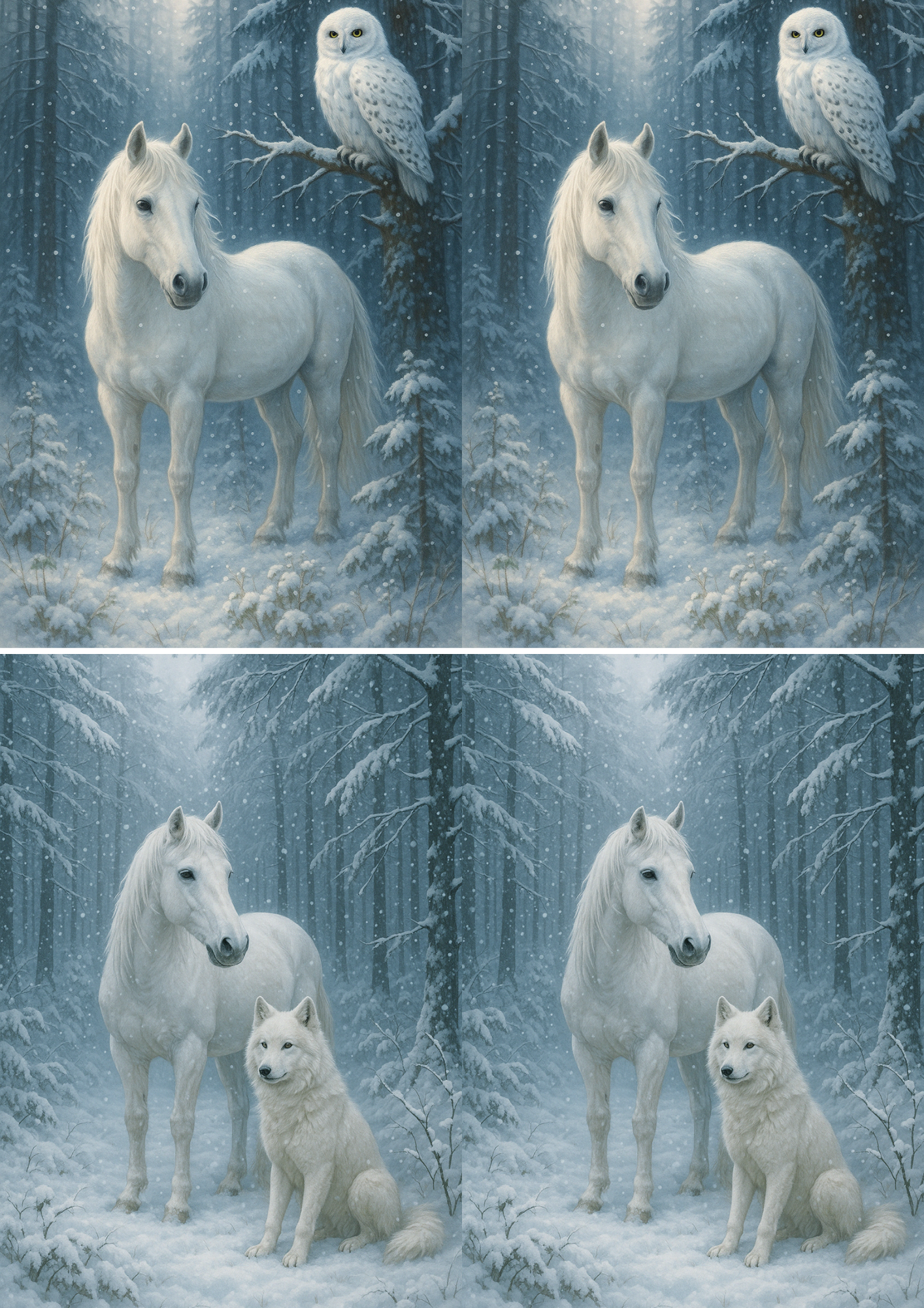 Rice Paper Decoupage White Horse and Owl in Winter Forest Collage Cat. No. 4453
