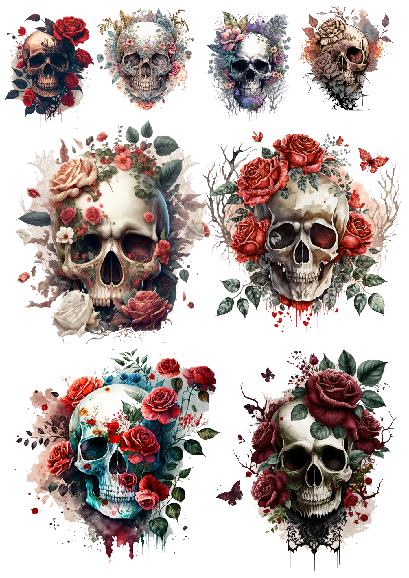 Rice Paper For Decoupage Gothic Skulls In Flowers 2 Collage Cat. No. 4456