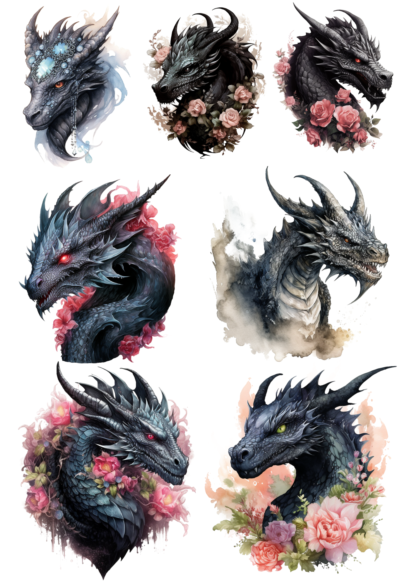 Rice Paper For Decoupage Gothic Dragons In Flowers Collage Cat. No. 4458
