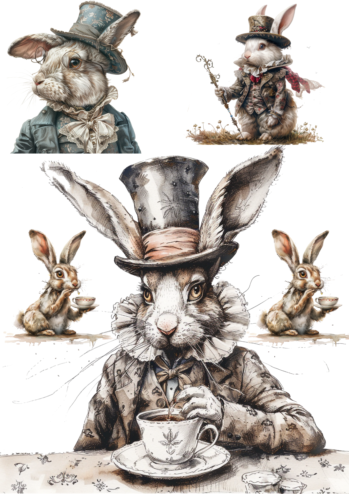 Rice Paper For Decoupage Alice In Wonderland White Rabbit In Hat Collage Cat. No. 4510