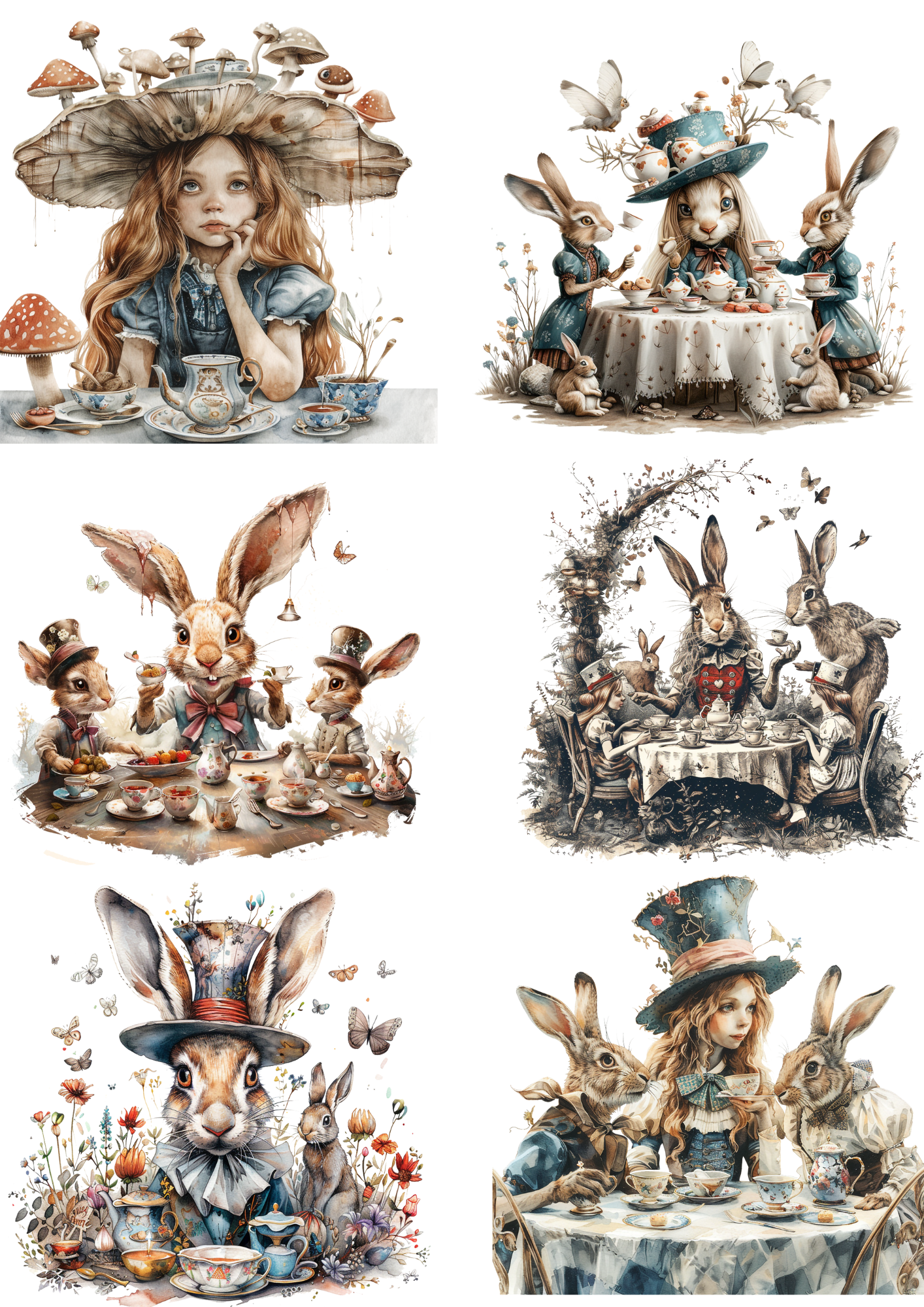 Rice Paper For Decoupage Alice In Wonderland White Rabbit Tea Party Collage Cat. No. 4515