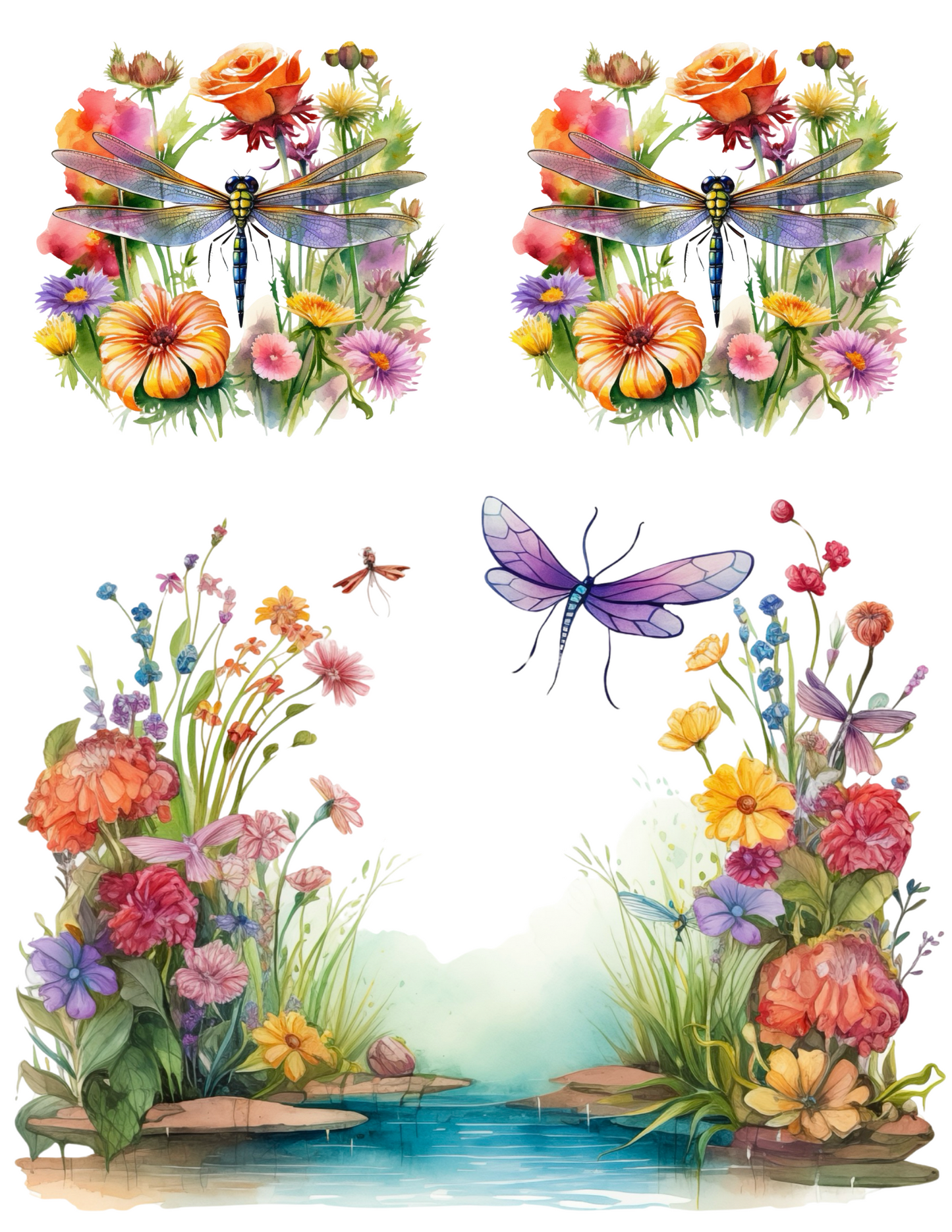 Rice Paper For Decoupage Dragonfly Over Flowers Collage Cat. No. 4574