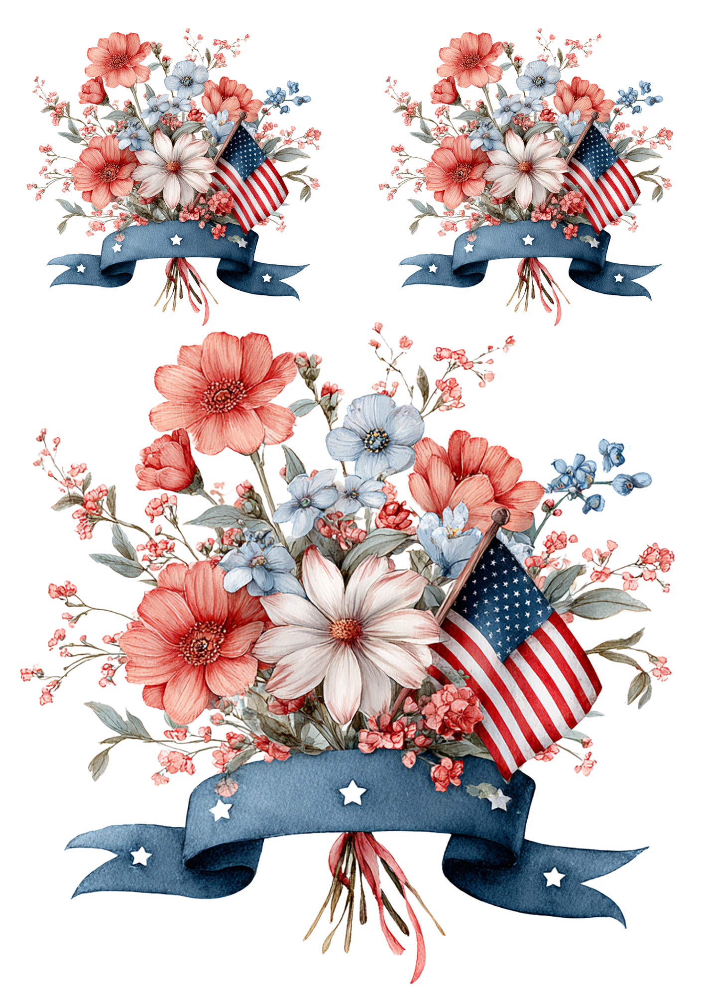 Rice Paper For Decoupage Flower Bouquets With American Flag For Independence Day Collage Cat. No. 4658