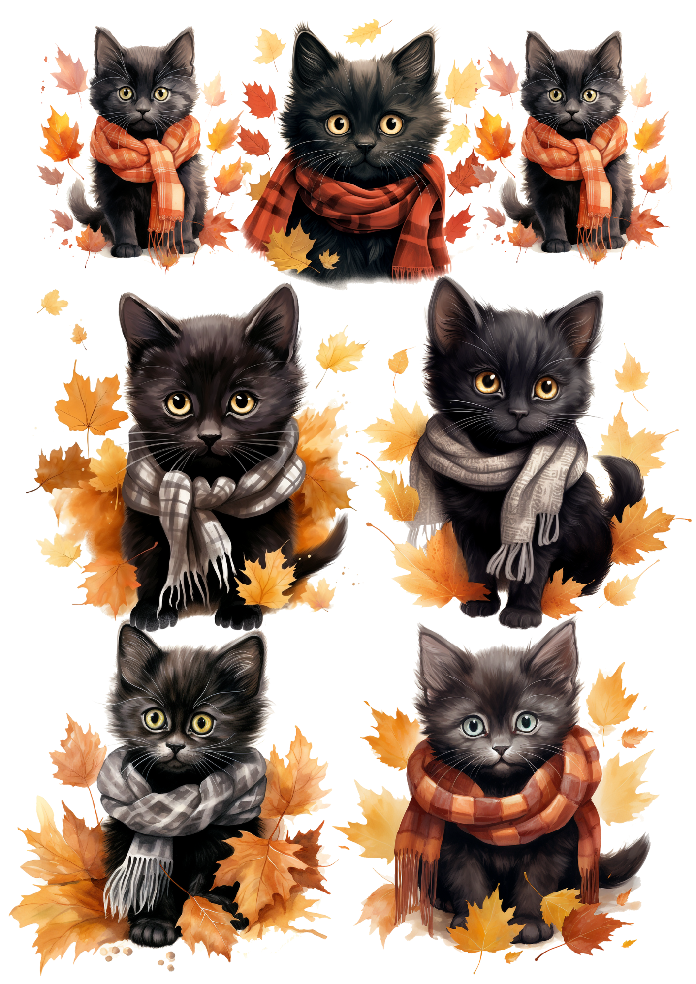 Rice Paper For Decoupage Halloween Autumn Black Little Cats In Scarves Cat. No. 4667