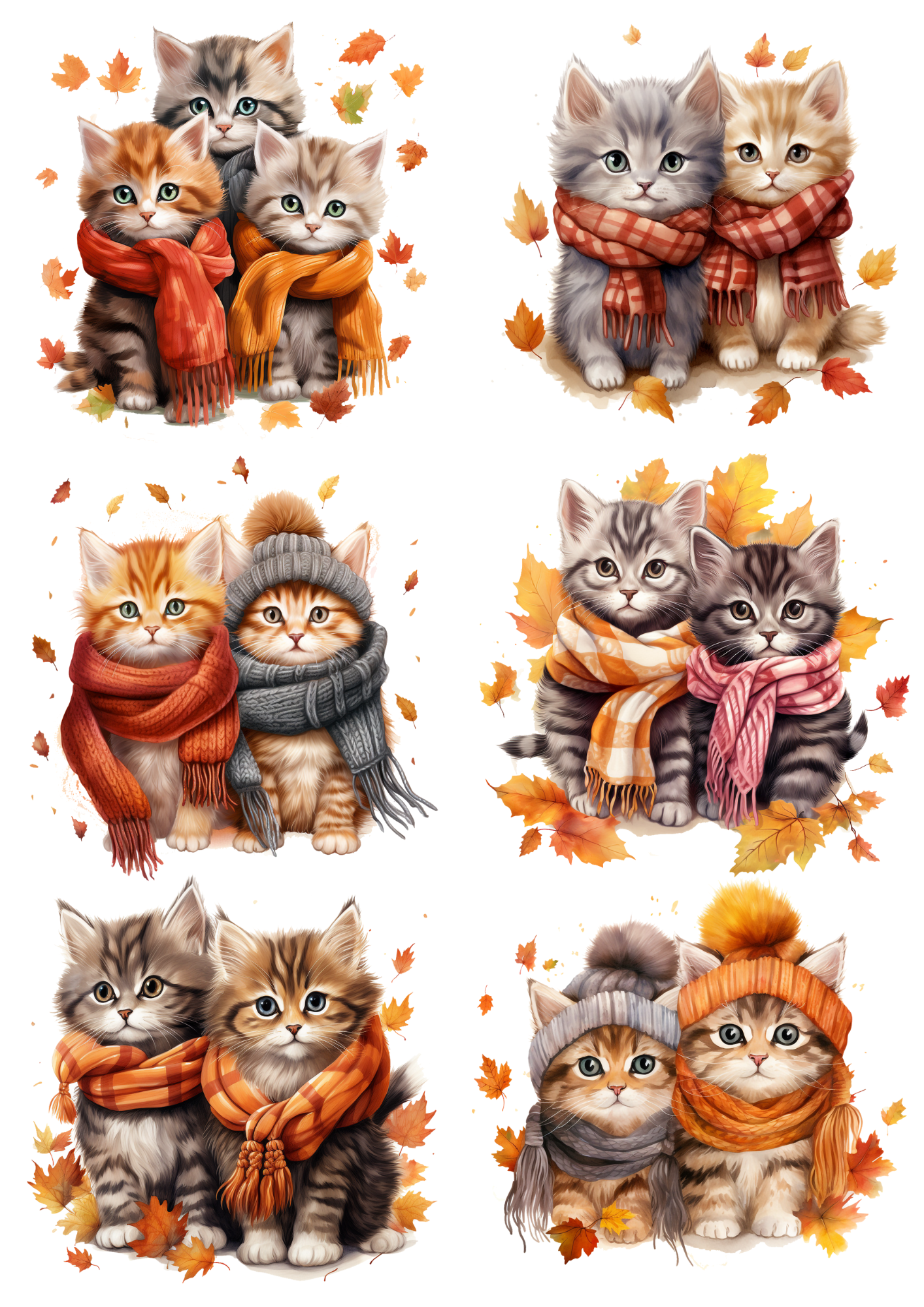 Rice Paper For Decoupage Little Kittens In Autumn Scarves Collage Cat. No. 4671