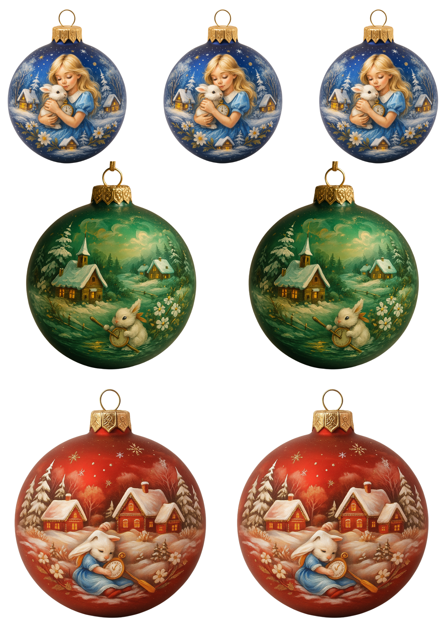 Rice Paper For Decoupage Traditional Christmas Baubles Decorated With Alice In Wonderland Motif Collage Cat. No. 4683