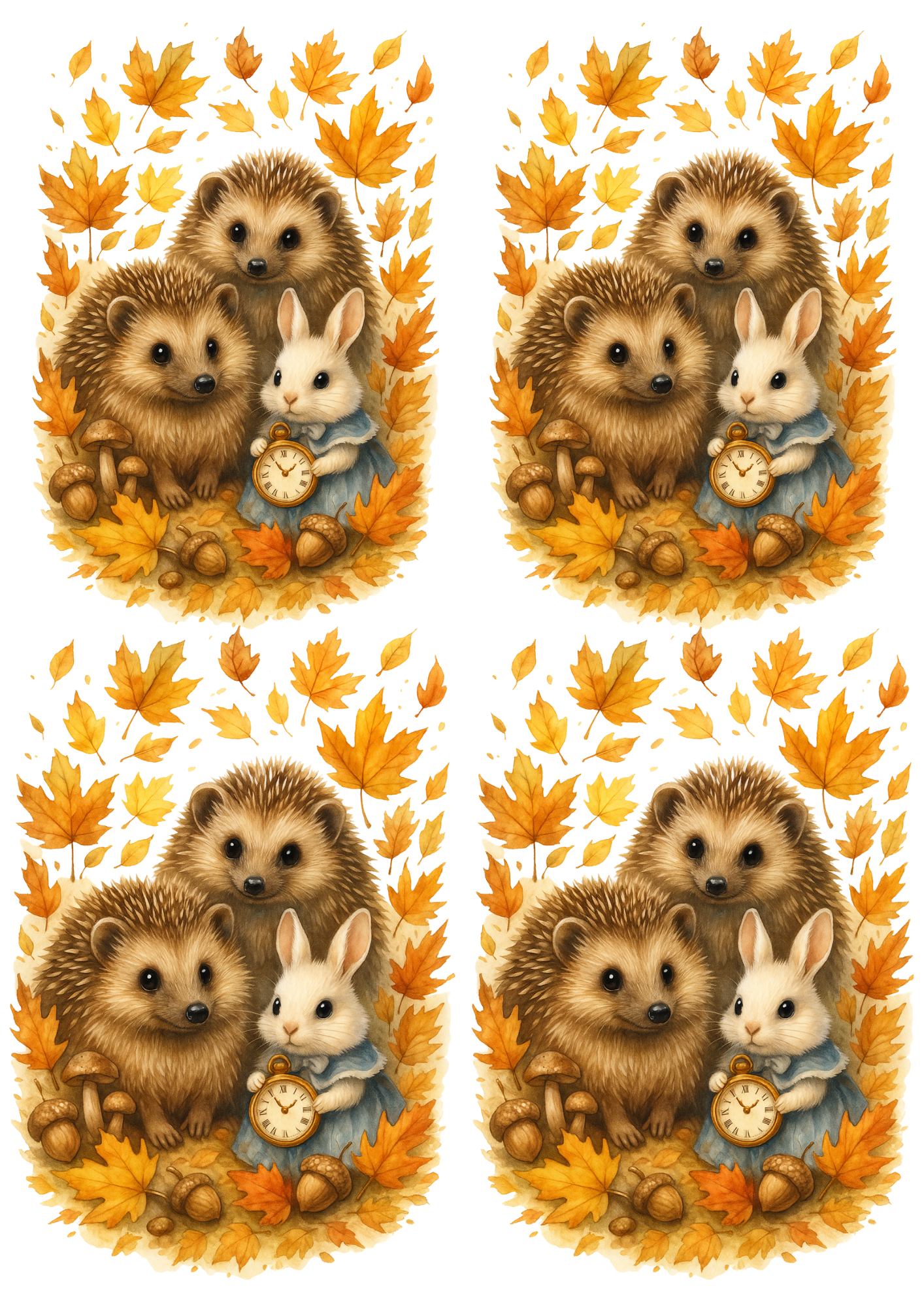 Rice Paper For Decoupage Autumn Hedgehogs With White Rabbit From Alice In Wonderland Collage Cat. No. 4684
