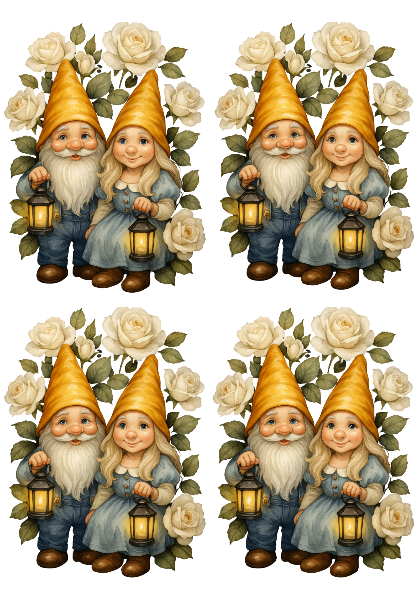 Rice Paper For Decoupage Gnomes In White Roses Cat. No. 4694