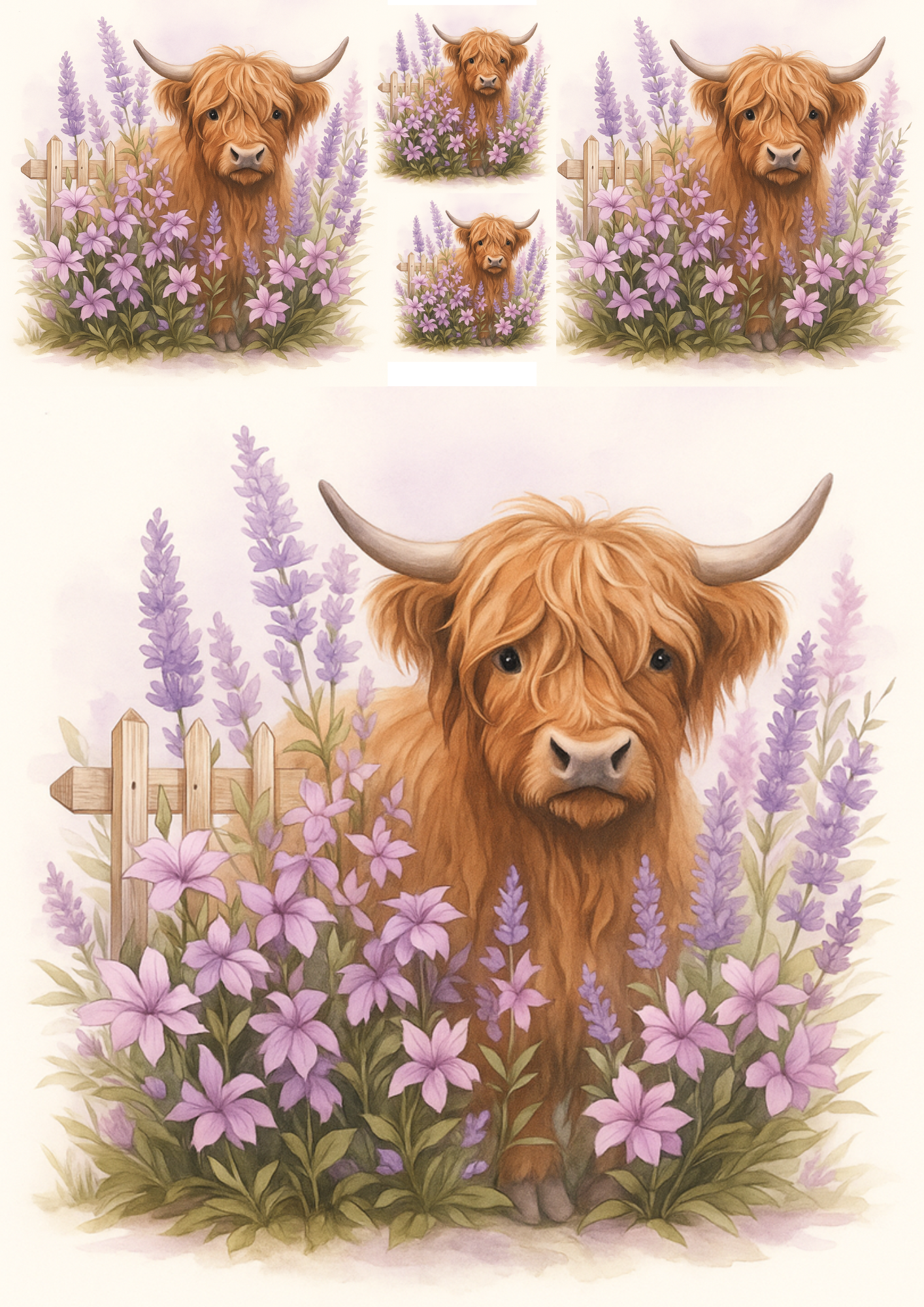 Rice Paper Decoupage Highland Cow In Lavender Collage Cat. No. 4703