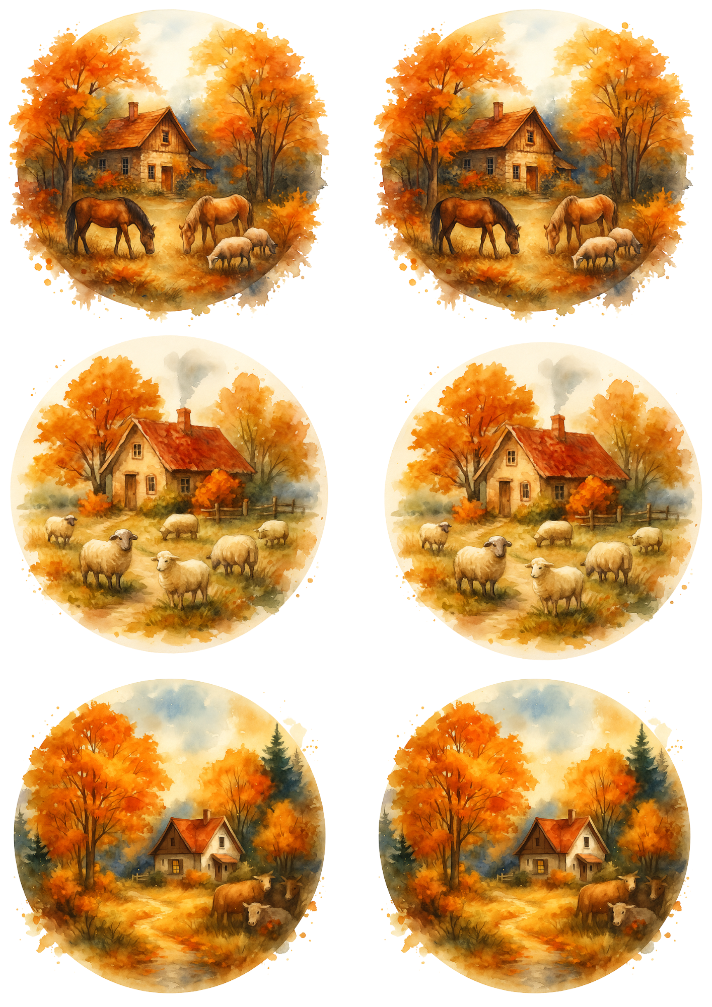 Rice Paper For Decoupage Autumn Farm In Circles Collage Cat. No. 4747