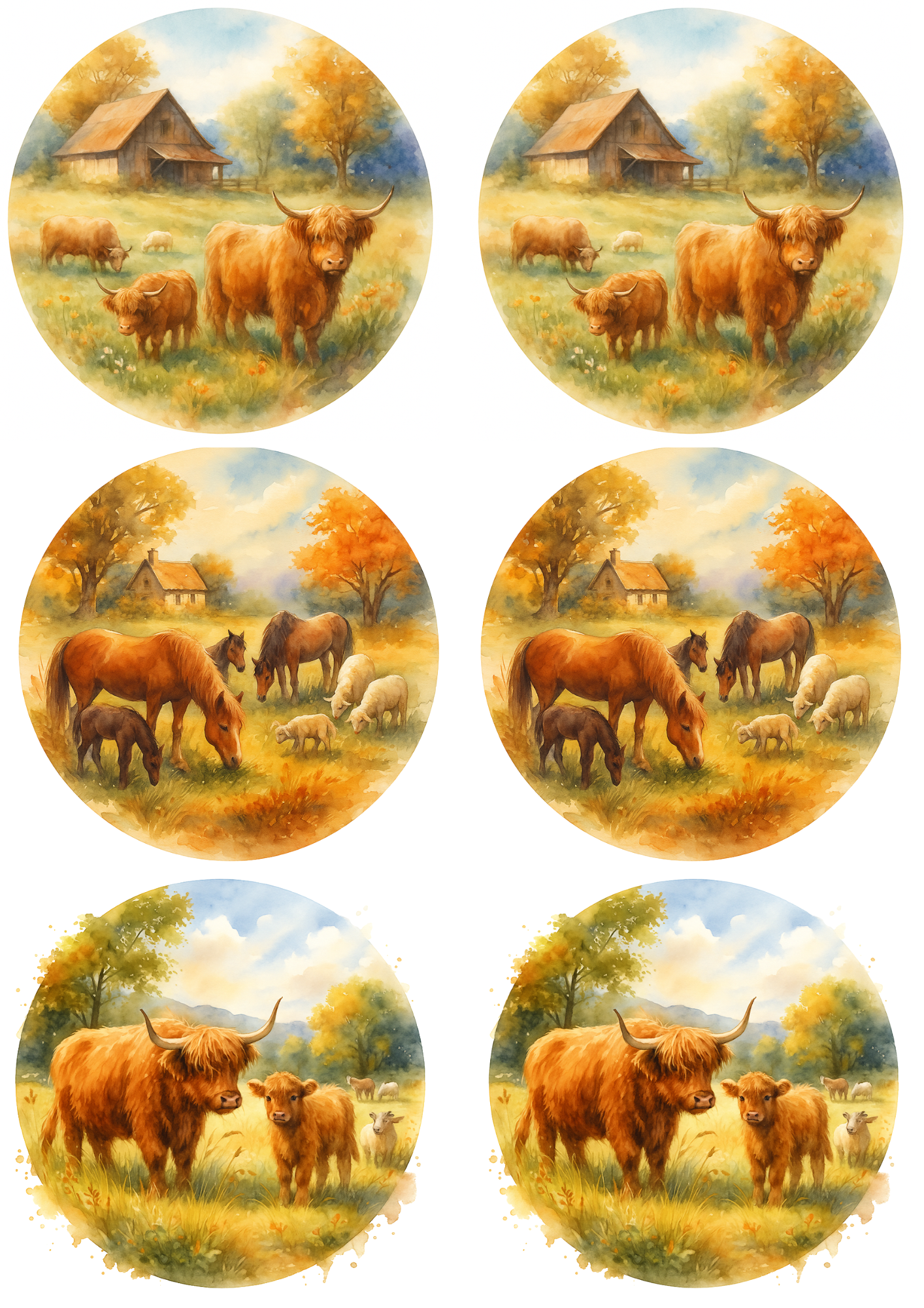 Rice Paper For Decoupage Highland Cow On Autumn Farm In Circles Collage Cat. No. 4748