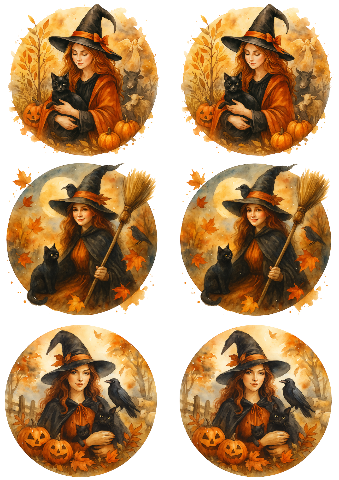 Rice Paper For Decoupage Witch With Black Cat In Circles Collage Cat. No. 4756