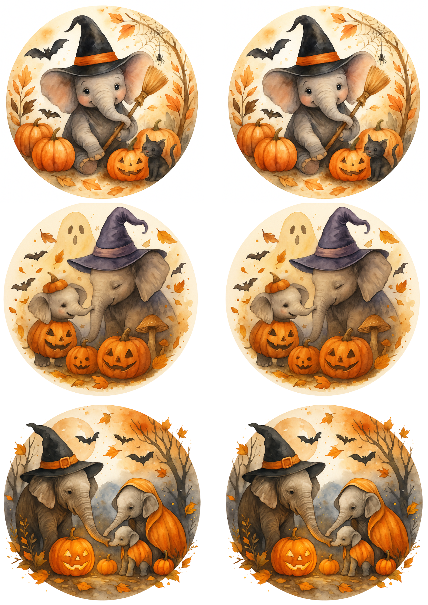 Rice Paper For Decoupage Elephants And Pumpkins Halloween In Circles Collage Cat. No. 4758