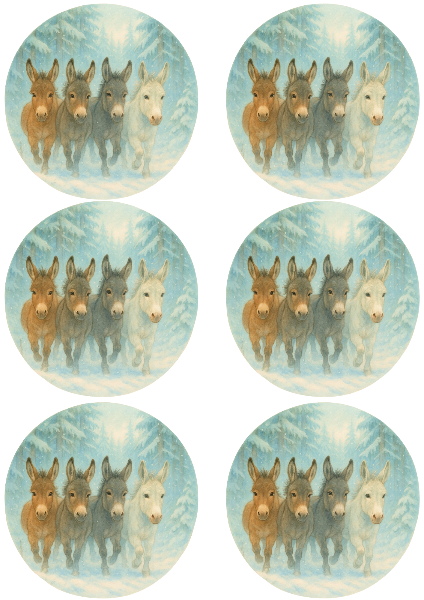 Rice Paper For Decoupage Running Donkeys In Winter In Circles Collage Cat. No. 4762