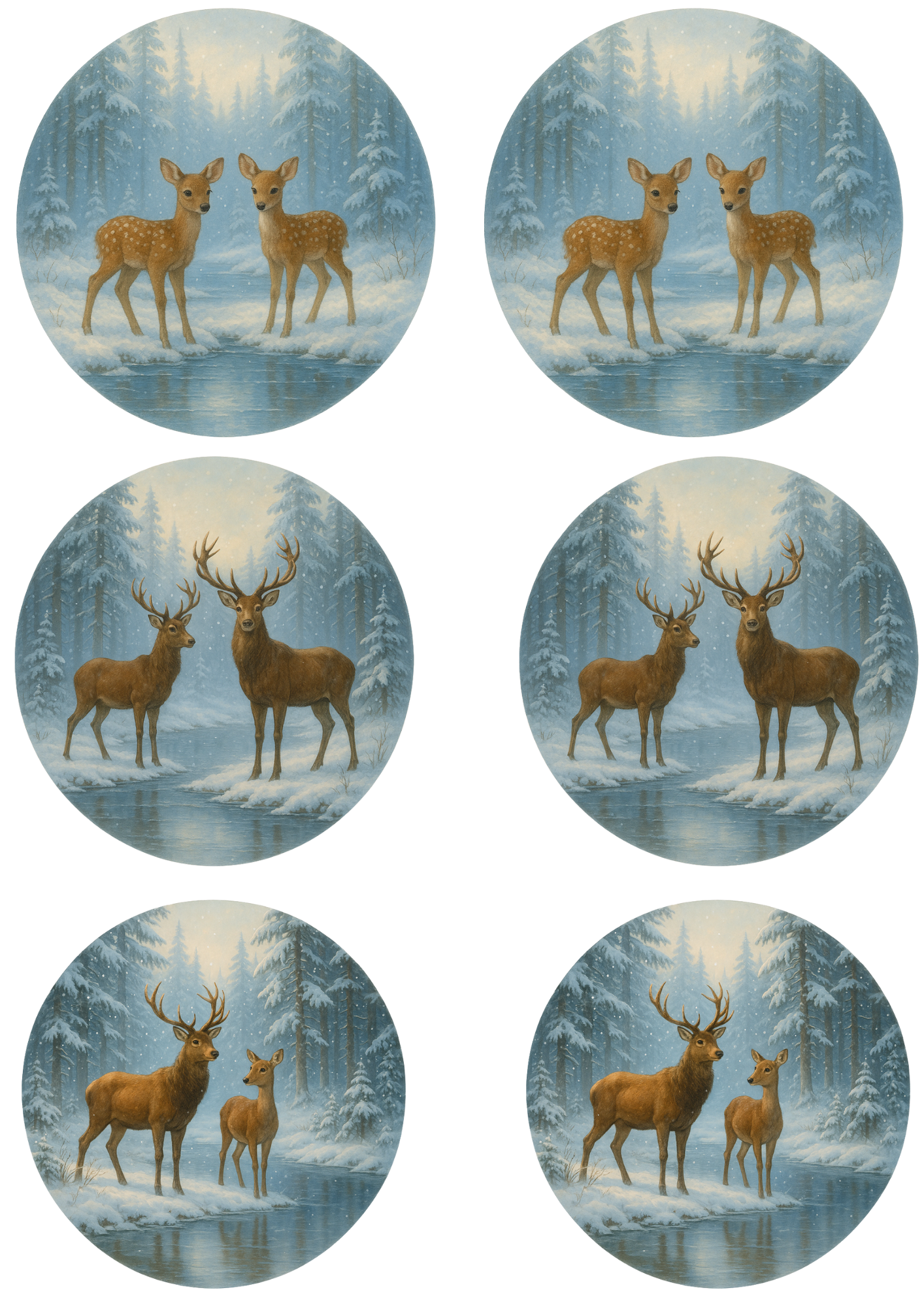 Rice Paper For Decoupage Winter Deer In Circles Collage Cat. No. 4765