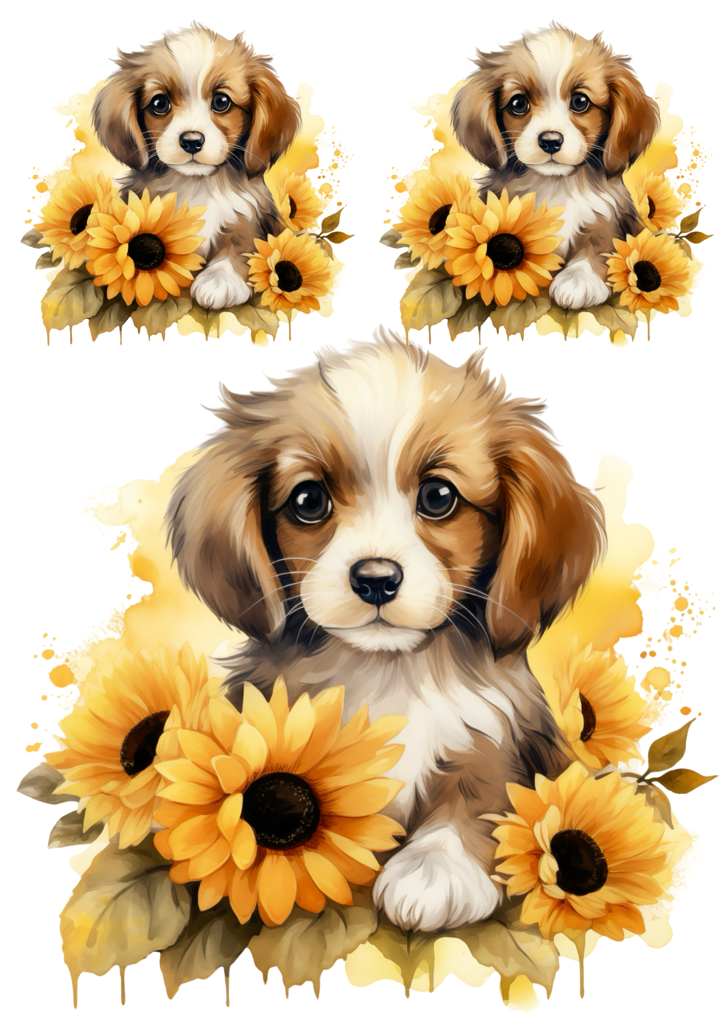 Rice Paper For Decoupage Puppy In Sunflowers Collage Cat. No. 4798