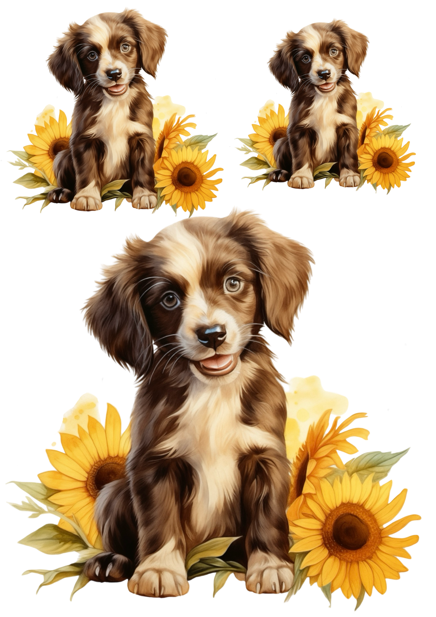 Rice Paper For Decoupage Puppy In Sunflowers Collage Cat. No. 4799
