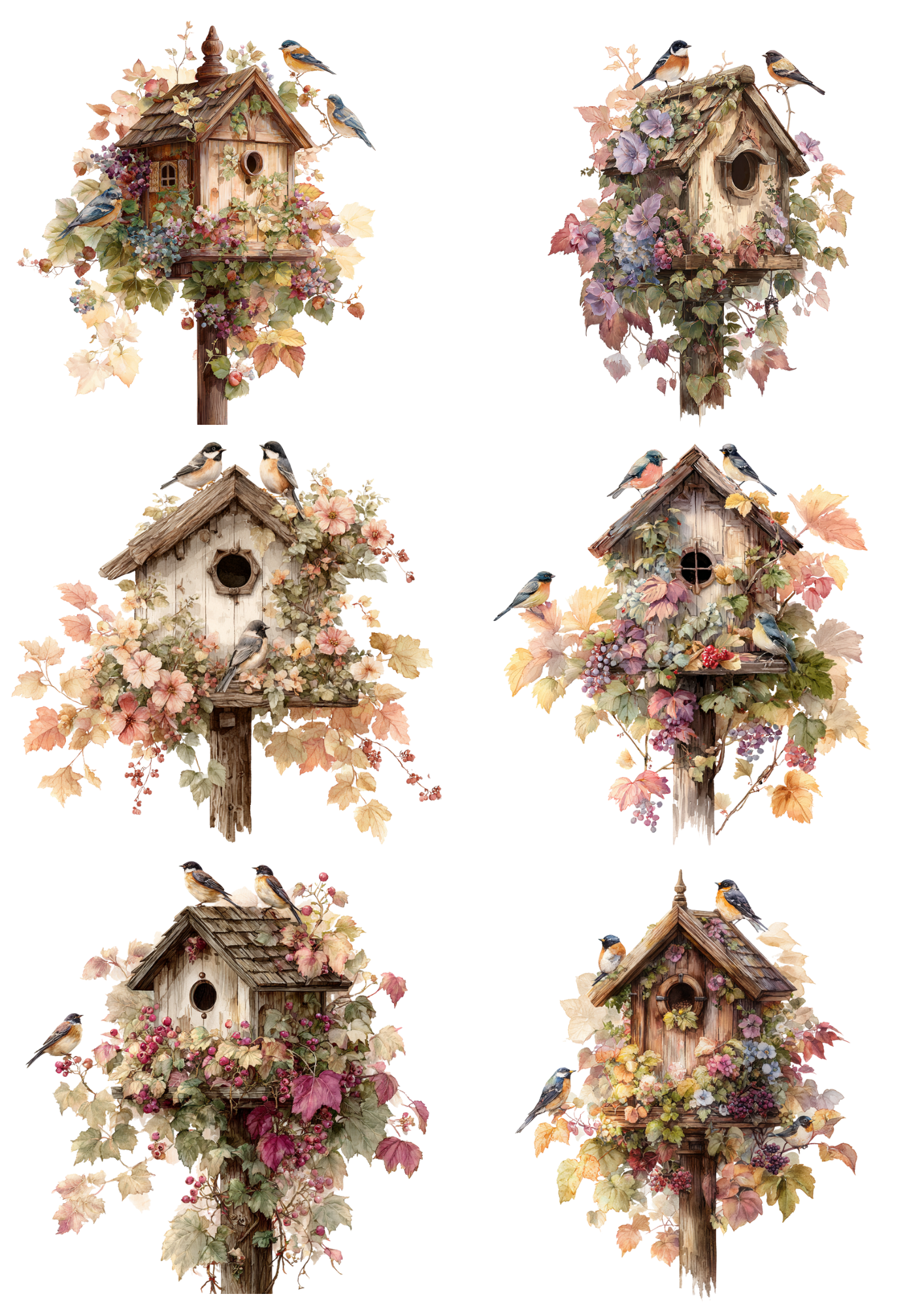 Rice Paper For Decoupage Romantic Birdhouses Vintage Collage Cat. No. 4882