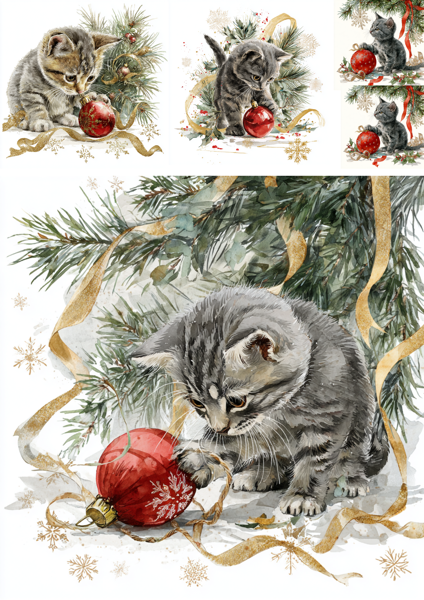 Rice Paper Decoupage Christmas Cat Playing with a Christmas Tree Bauble Cat. No. 4904