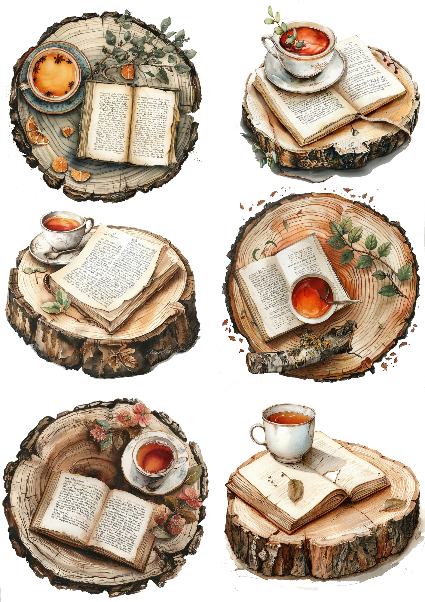 Rice Paper for Decoupage Cup of Tea on a Tree Trunk and Book Collage Cat. No. 4905