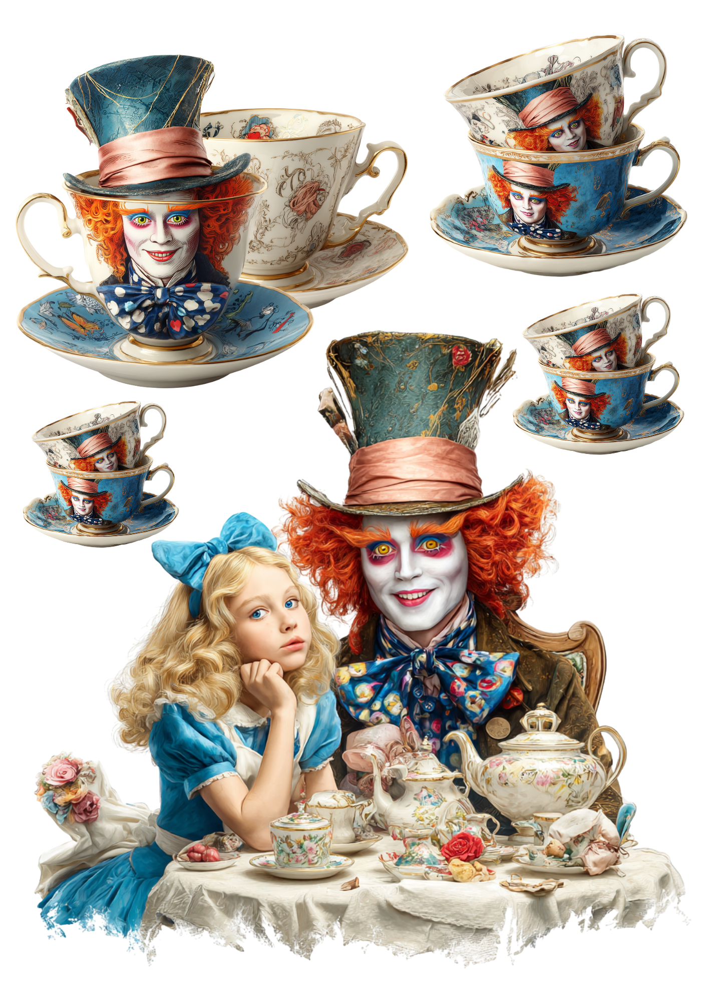 Rice Paper For Decoupage Alice in Wonderland with the Mad Hatter Collage Cat. No. 4969