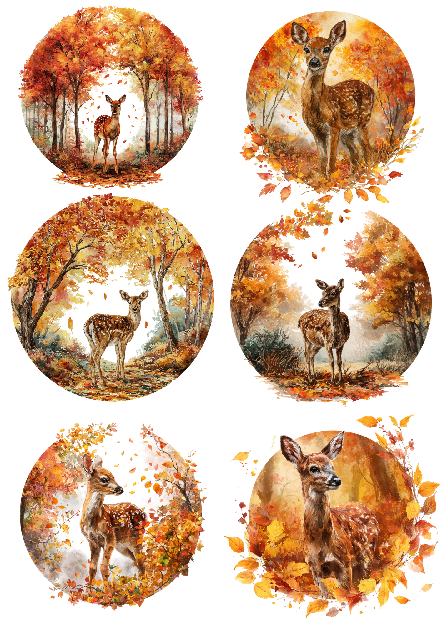 Rice Paper For Decoupage Little Deer In Autumn Circles Collage Cat. No. 5038