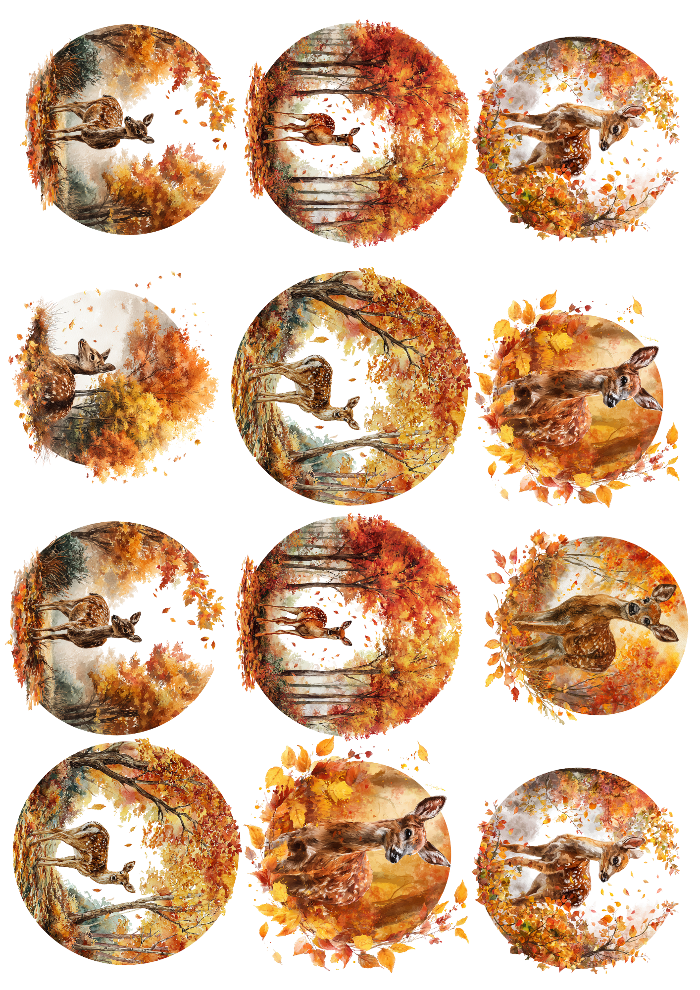Rice Paper For Decoupage Little Deer In Autumn Circles Collage Cat. No. 5039