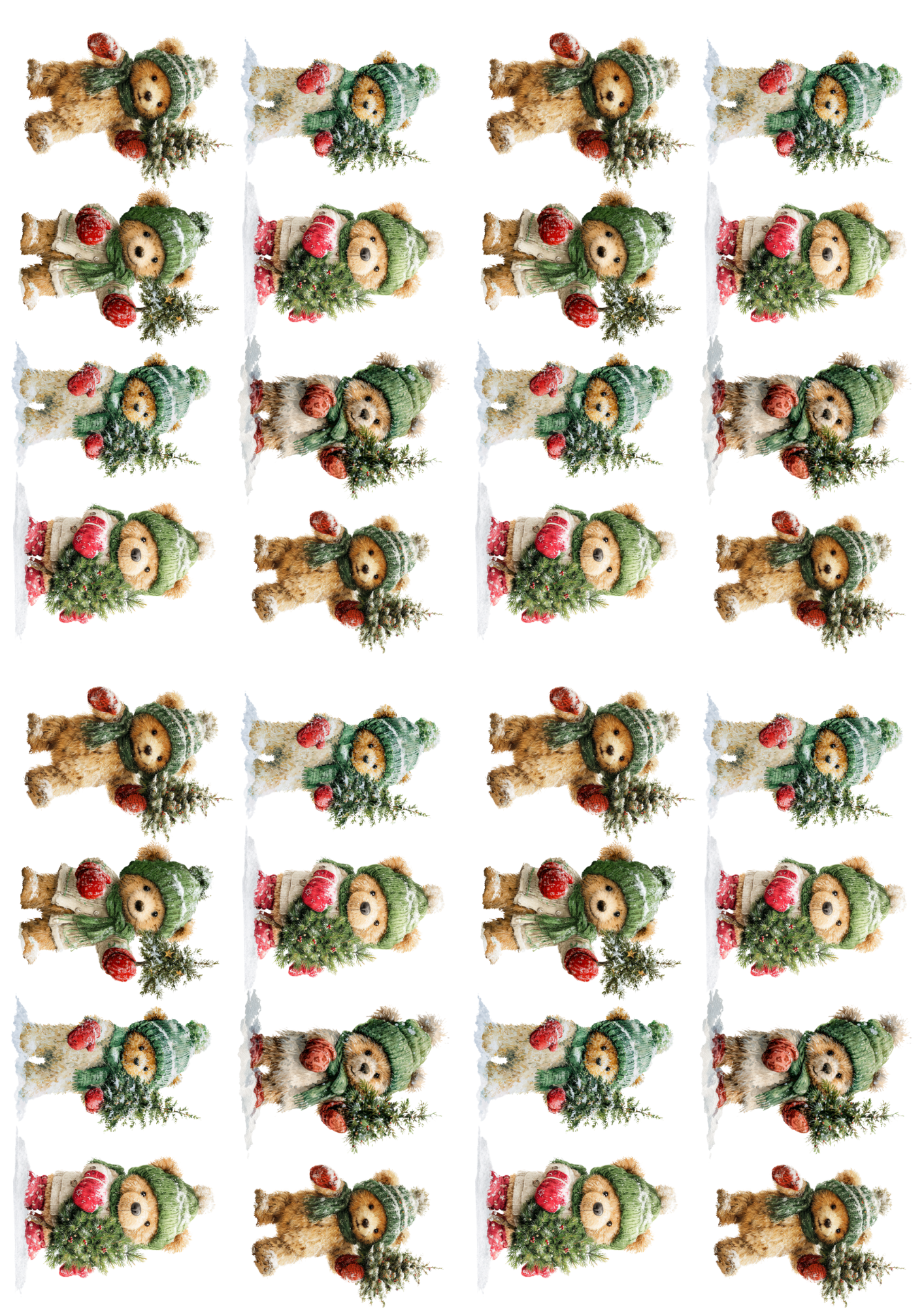 Rice Paper for Decoupage Teddy Bear in a Hat with a Christmas Tree Collage Cat. No. 5158