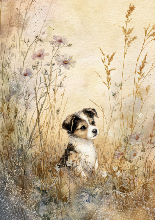 Rice Paper For Decoupage Puppy In Cereal Background For Journaling Full Cat. No. 5182