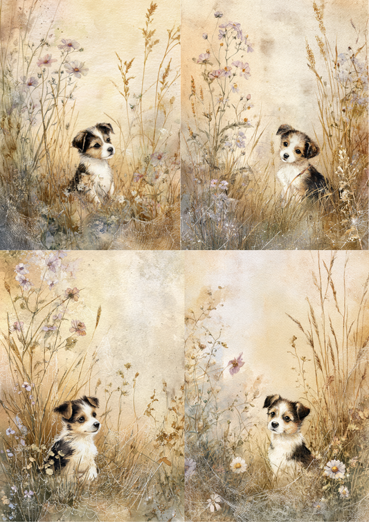 Rice Paper For Decoupage Puppy In Cereal Background For Journaling Collage Cat. No. 5183