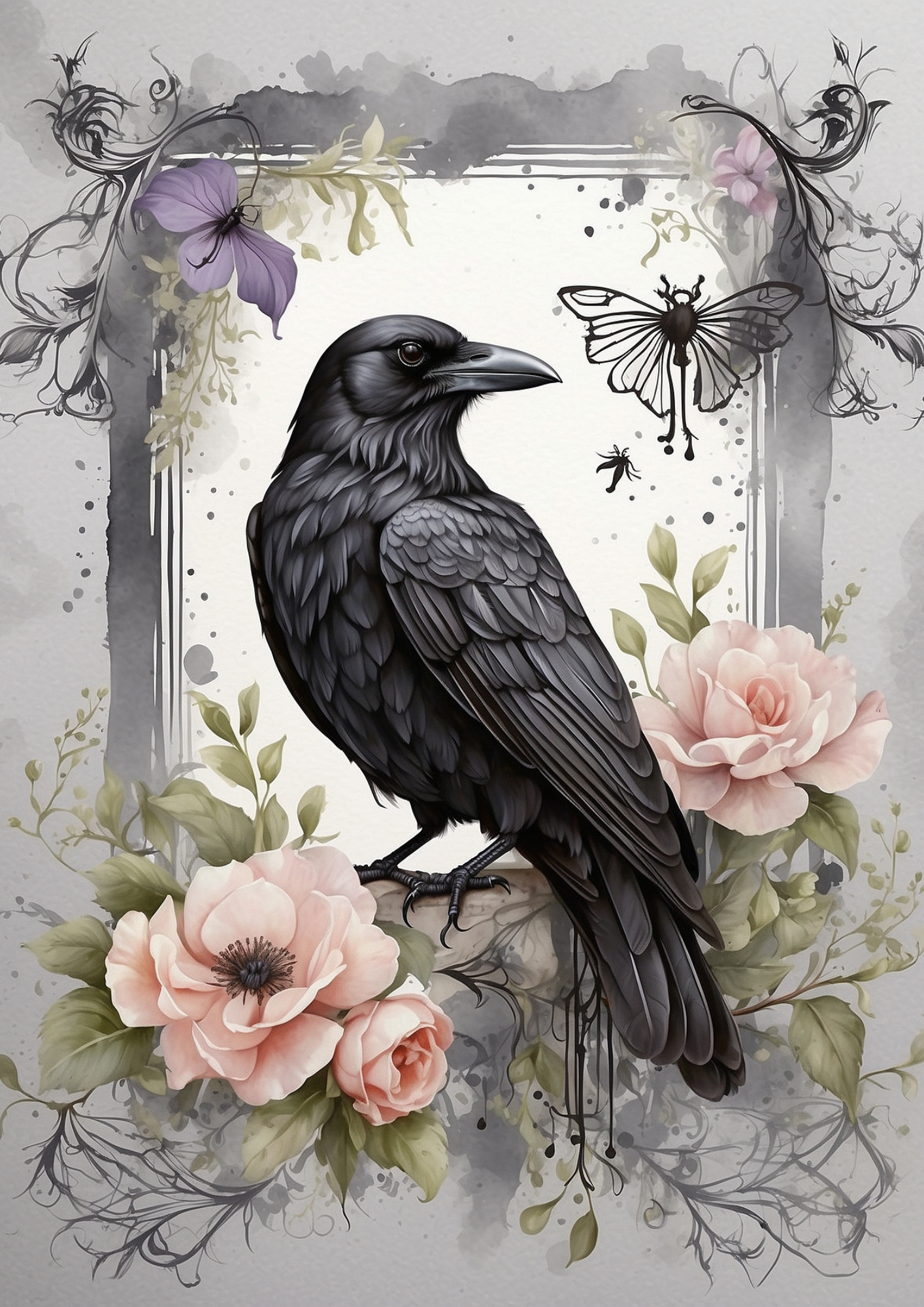 Rice Paper for Decoupage Raven and Roses Background for Journaling Full Cat. No. 5298