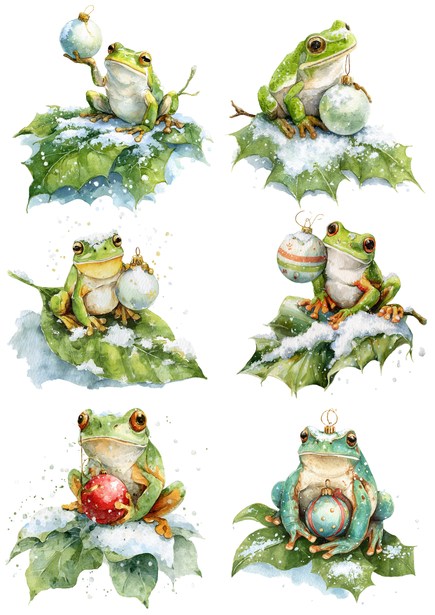 Rice Paper For Decoupage Green Frog With Christmas Tree Bauble Collage Cat. No. 5362