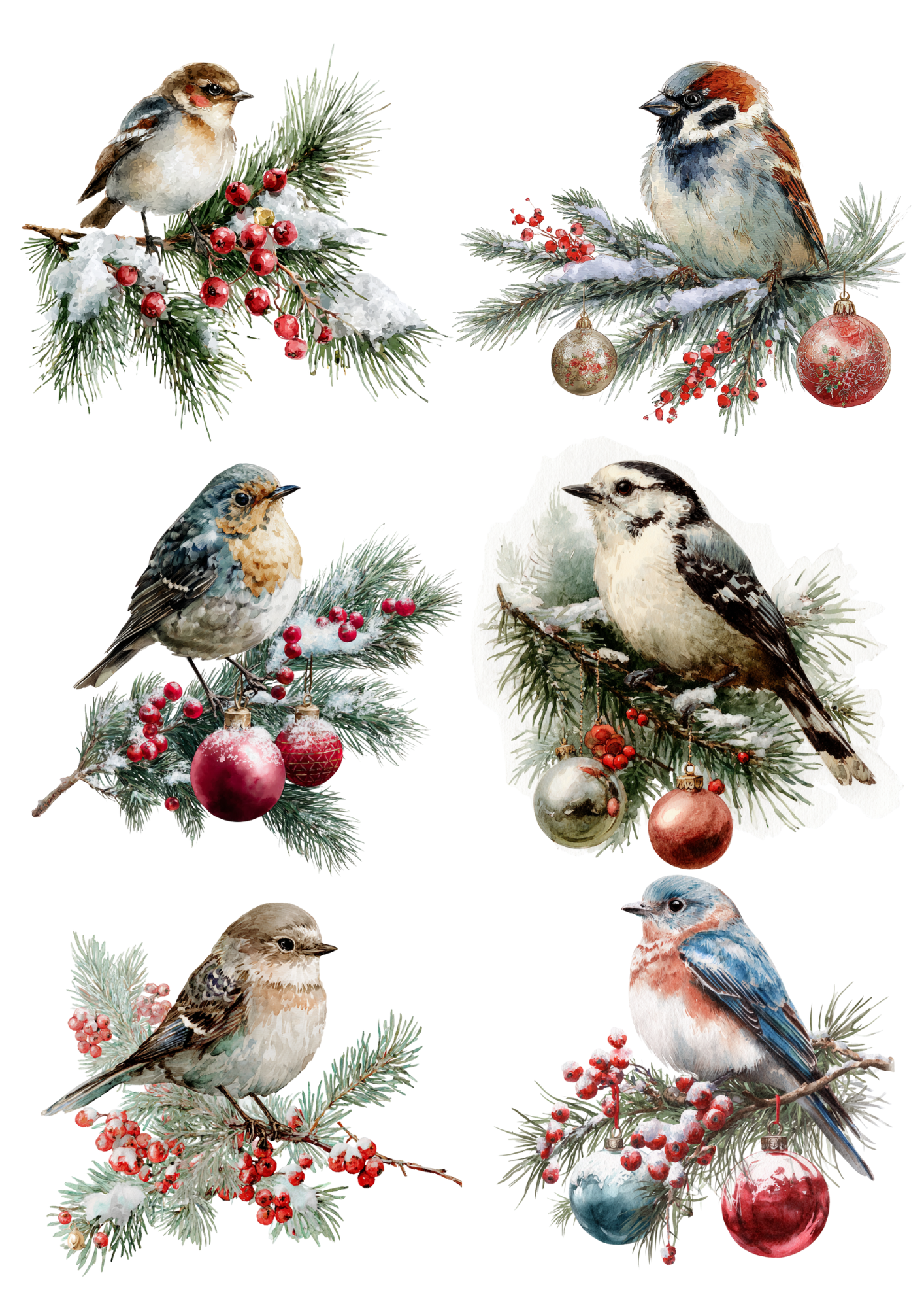 Rice Paper For Decoupage Birds With Christmas Tree Bauble Collage Cat. No. 5363