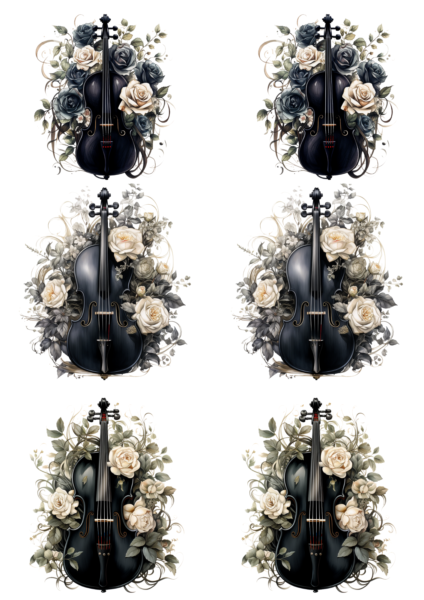 Rice Paper For Decoupage Violin In Flowers Collage Cat. No. 5586