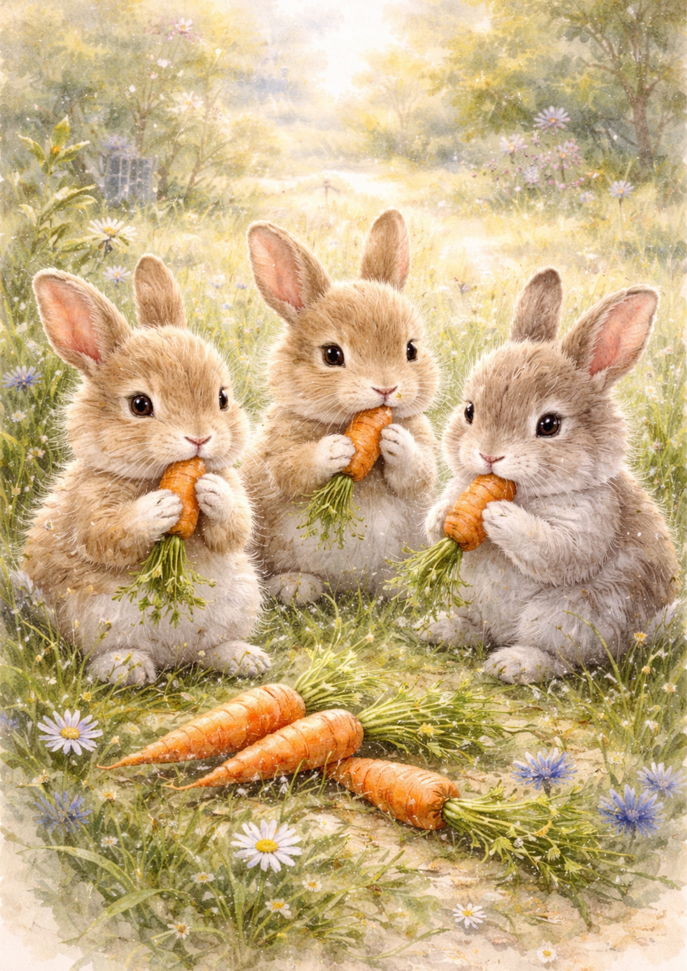 Rice Paper For Decoupage Rabbits Eating Carrots in a Meadow Full of Cat. No. 5693