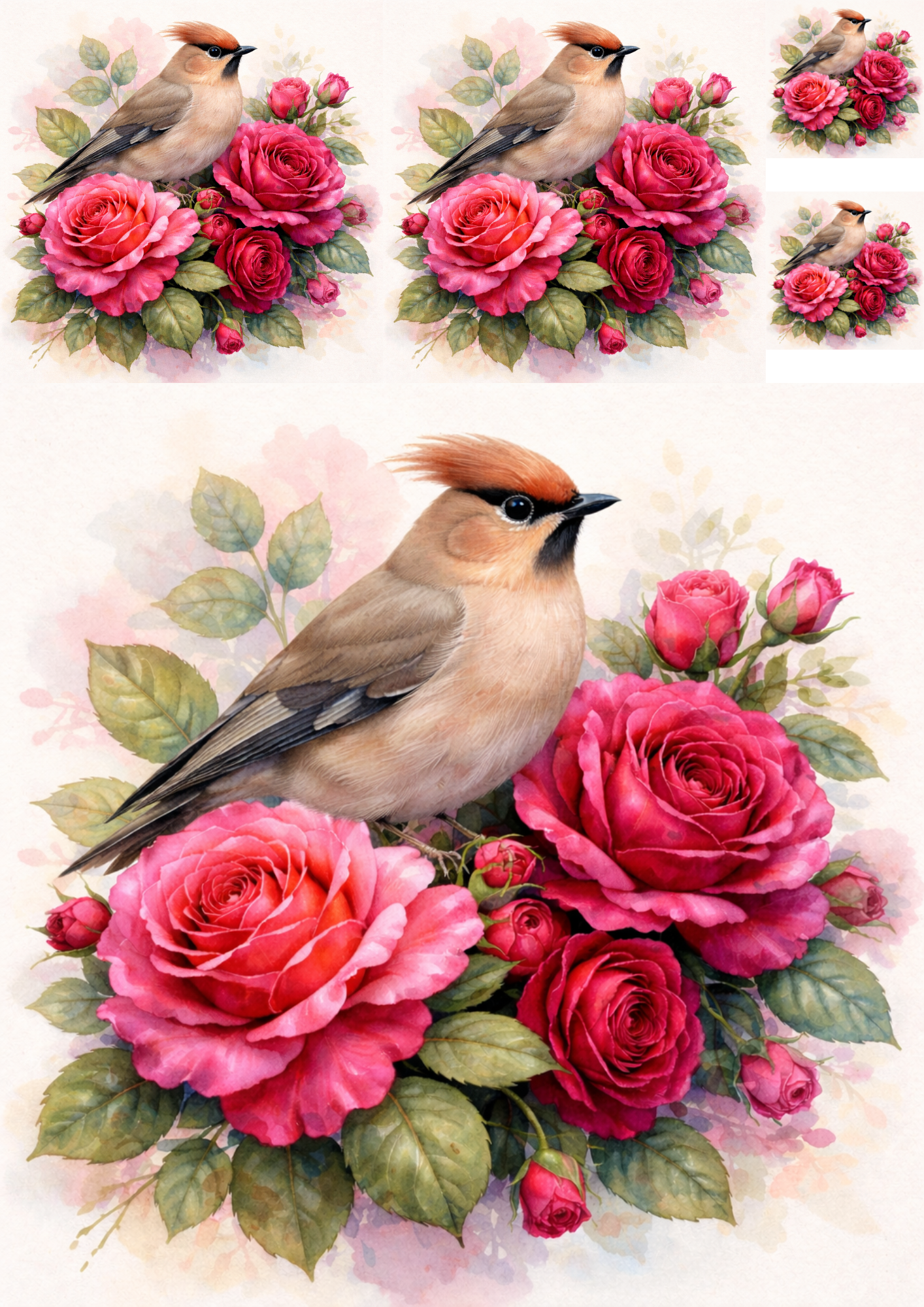 Rice Paper For Decoupage Waxwing On Roses Collage Cat. No. 5740