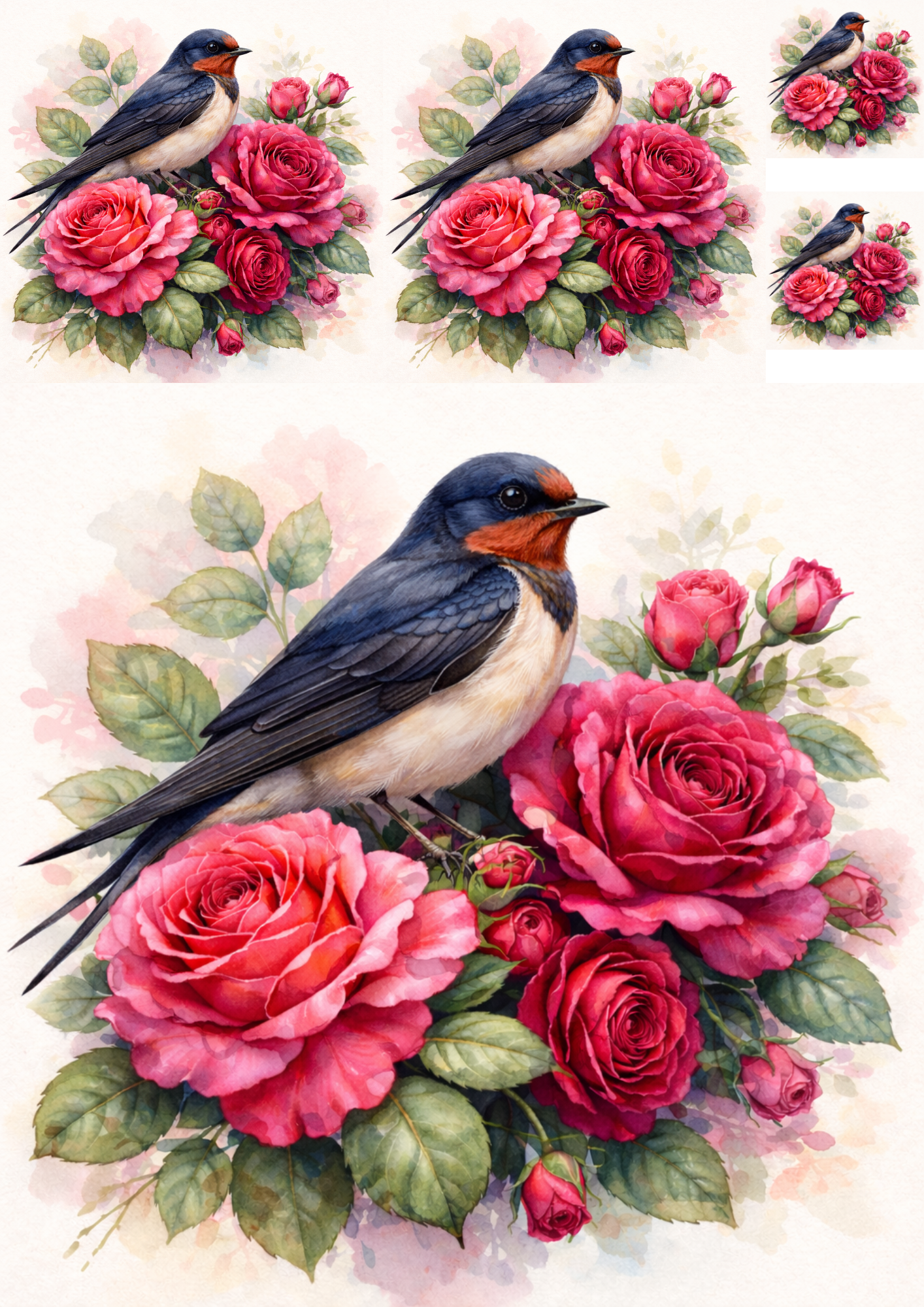 Rice Paper For Decoupage Swallow on Roses Collage Cat. No. 5742